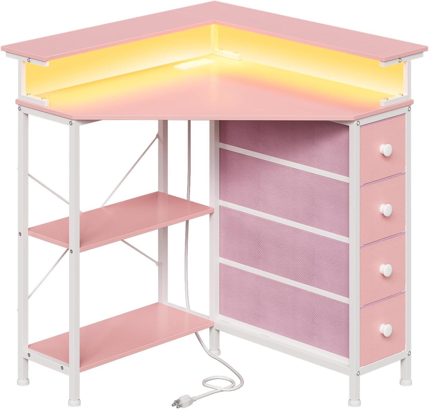 Corner Desk with Drawers Shelves for Small Space 90 Degrees Triangle Computer Desk with Power Outlets,Gaming Desk with LED Lights Monitor Stand for Home Office Workstation Writing Table (White) - Image 3