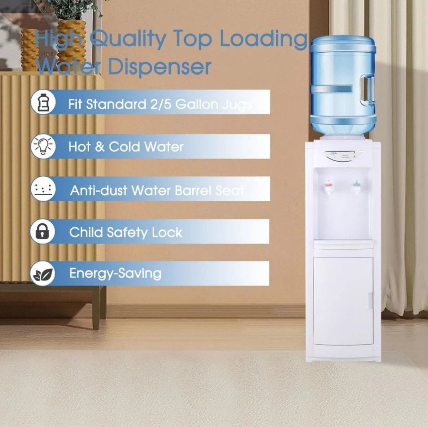 Water Cooler Dispenser 5 Gallon, Water Dispenser Hot & Cold Top-Loading Water Cooler for 5 Gallon Bottle with Child Safety Lock Removable Drip Tray & Storage Cabinet for Home Office - Image 4