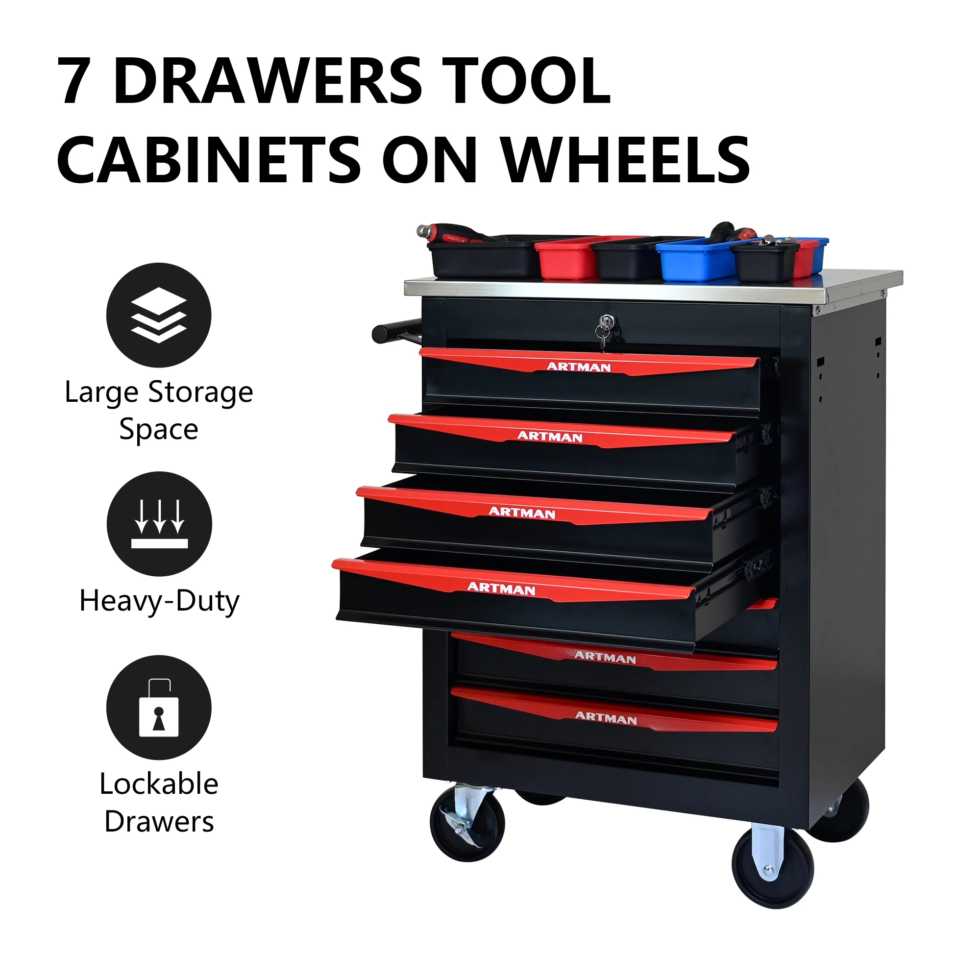 ARTMAN 6 Drawers Metal Rolling Storage Tool Chest Cabinet Cart with Wheels,with Key Locking and Parking Brake, Tool Box for Garage Workshop Warehouse - Image 61