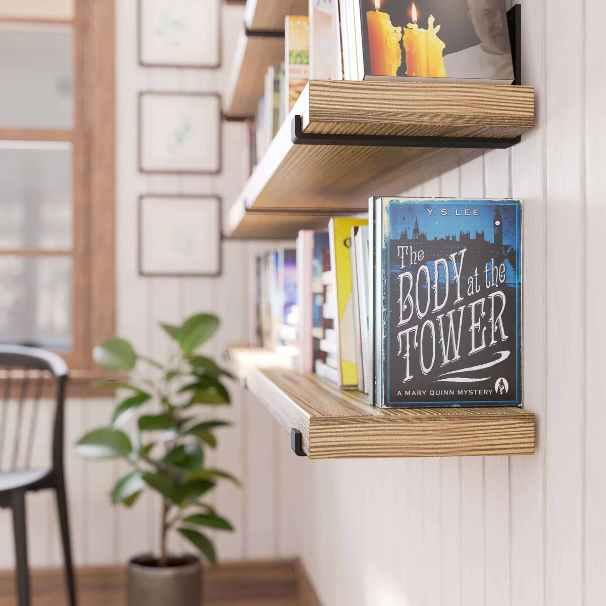72 Inch Floating Wood Wall Shelves, Set of 2 Burnt Wood Display and Storage Shelves for Home Decor - Image 10