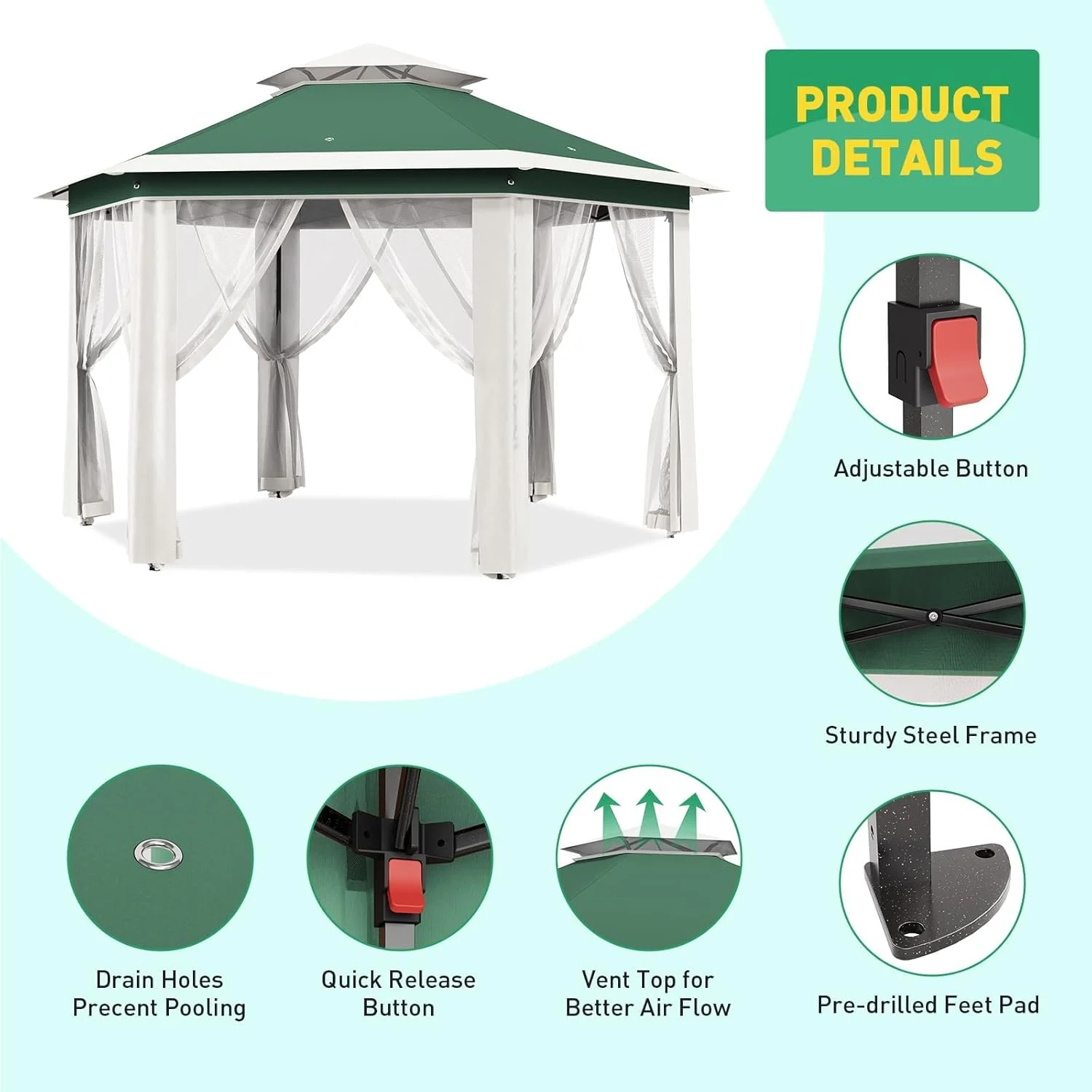 13x13 Gazebo Outdoor Canopy Shelter,Instant Patio Gazebo Sun Shade Canopy Tent with 6 Zippered Mesh Netting and Strong Steel Frame for Lawn,Garden,Backyard,Deck Party - Image 10