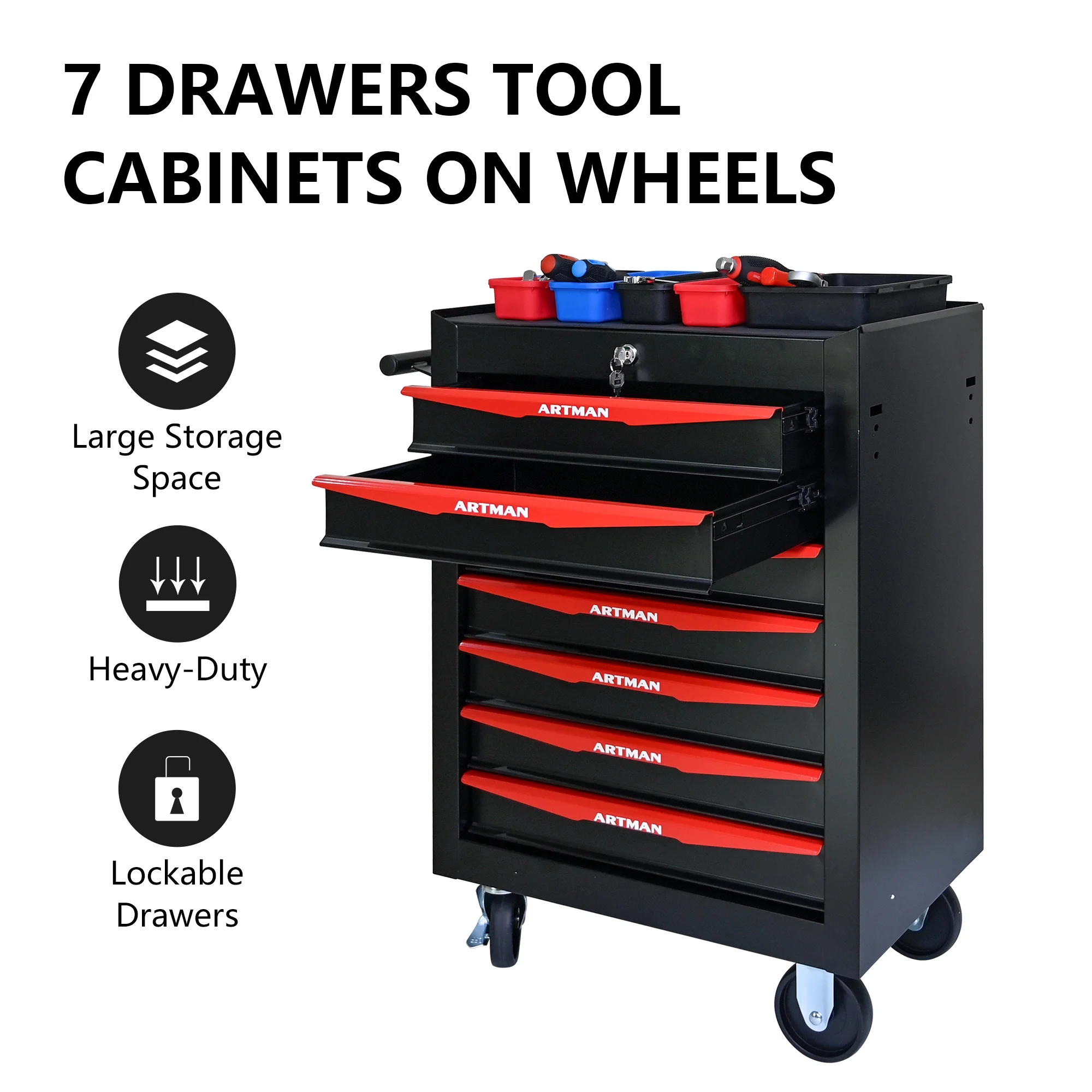 Tool Cabinets Rolling Metal Tool Chest with 7 Drawers, 20" 7-Drawer Tool Chest Cabinet with Ball Bearing Drawer Slides, Steel Tool Storage Box Organizer -BLACK&RED,Garage Tool Cabinets - Image 2