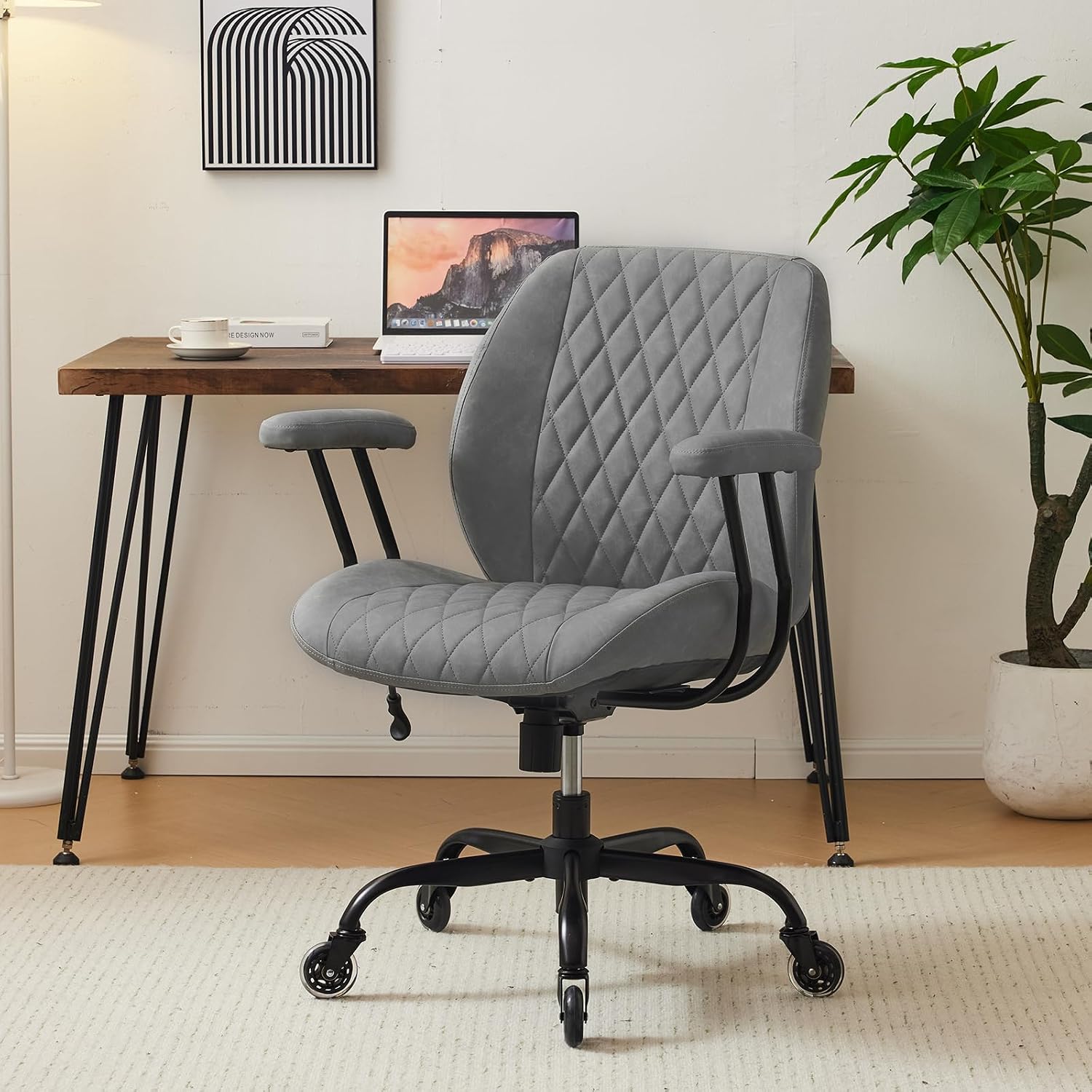 Home Office Desk Chair with Rubber Casters, Ergonomic Computer Chair with Lumbar Support, Adjustable Height Rolling Swivel Executive Task Chair with Armrests, Brown Leather - Image 3