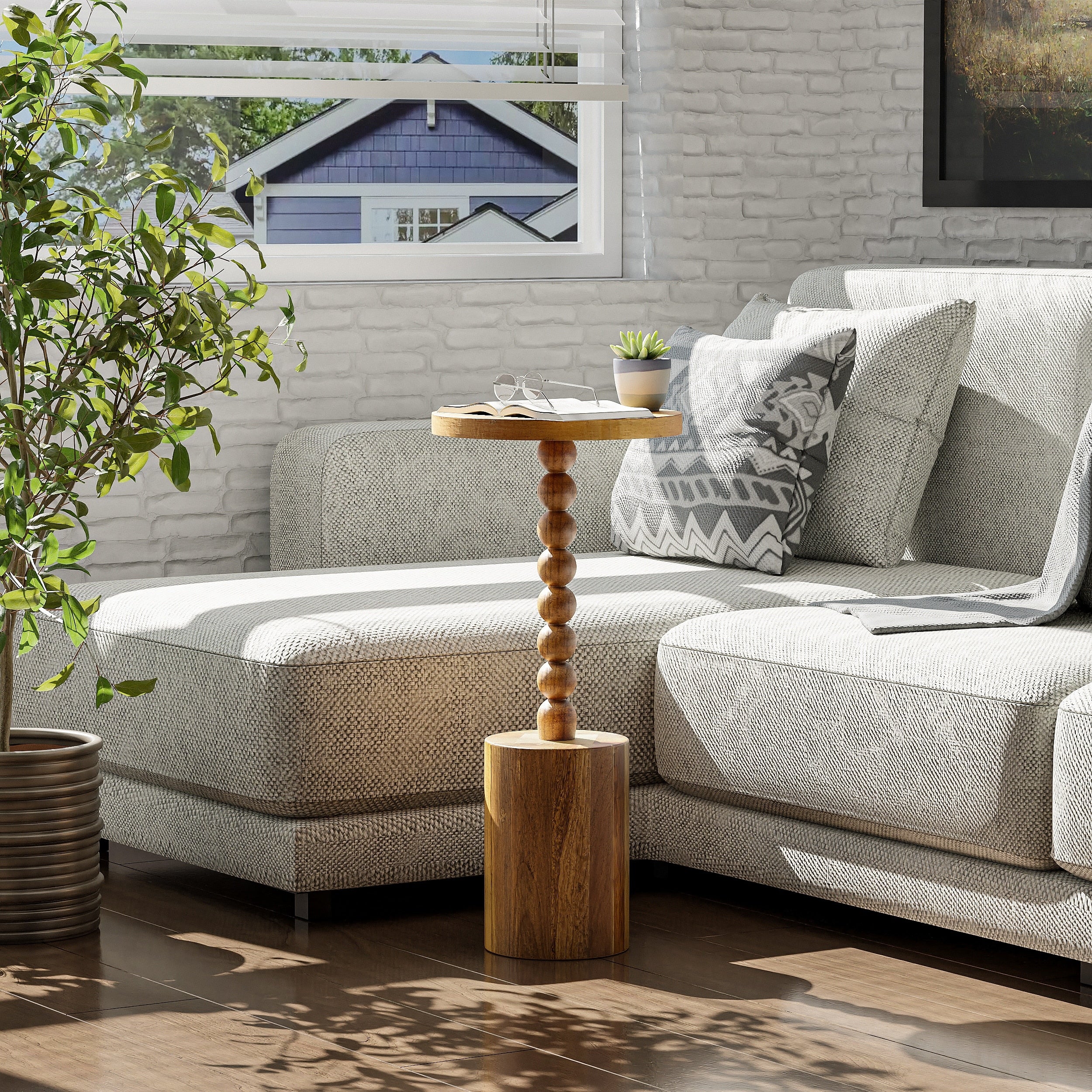 Wood Pedestal End Table, Round Martini Drink Table for Small Spaces, Living Room and Bedroom - Image 2