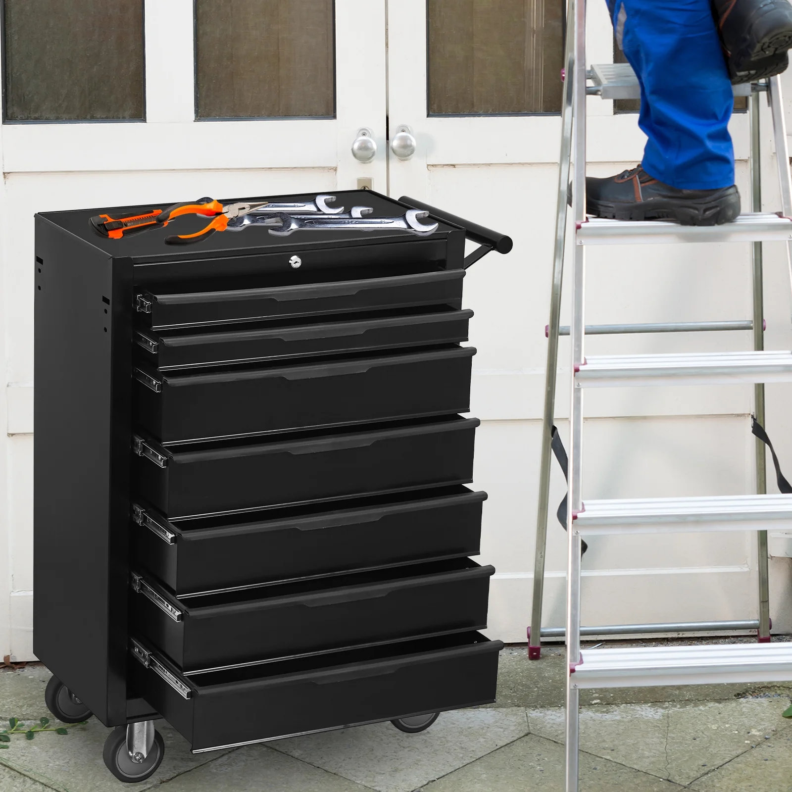 7-Drawer Rolling Tool Chest Cabinet, Large Capacity Metal Tool Box with Wheels and Cylinder Locking, Roll Around Storage Organizer Tool Cart for Garage, Warehouse, Work Shop - Black - Image 8