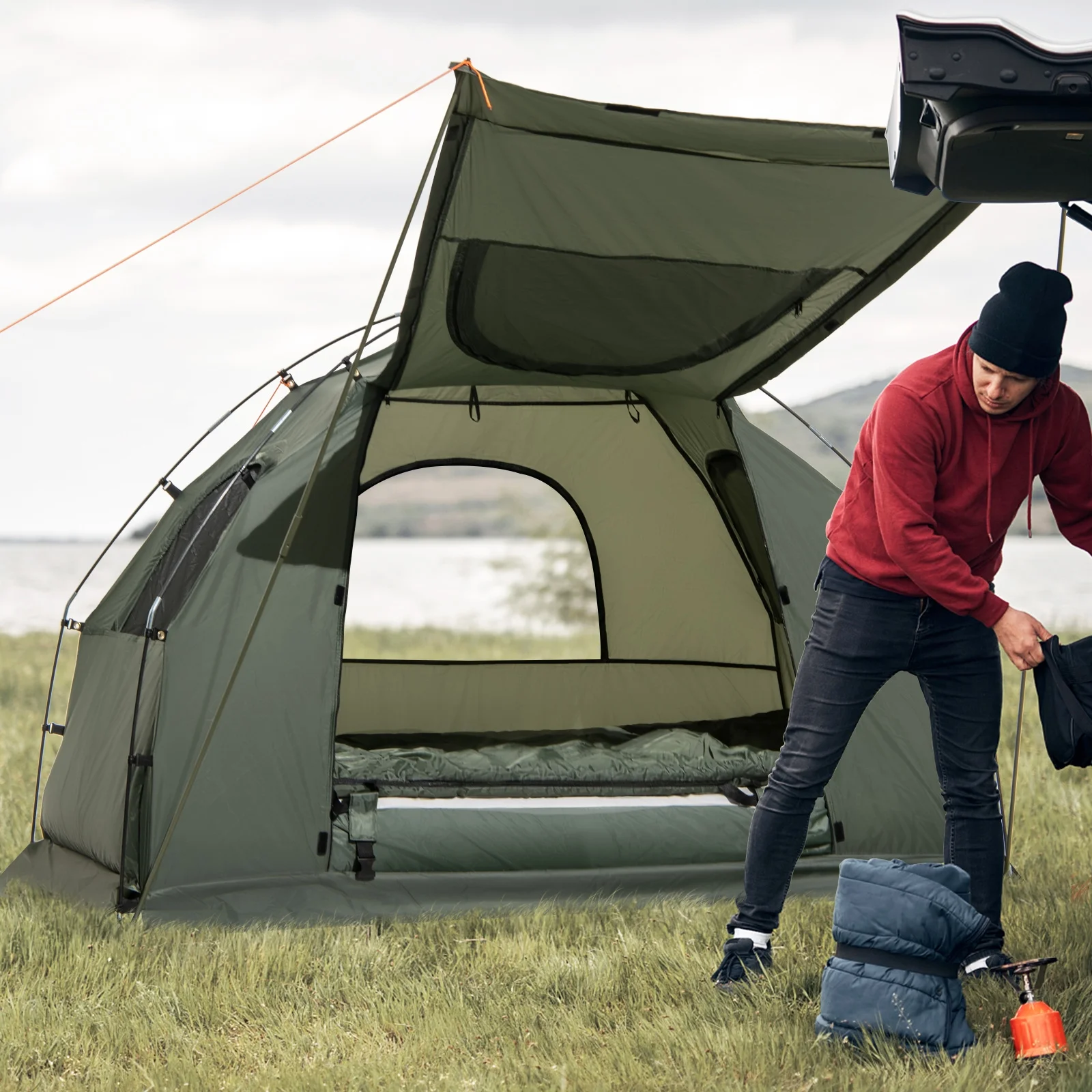 Patiojoy 1-Person Folding Camping Tent Cot Portable Pop-Up Tent w/Sleeping Bag & Air Mattress for Outdoor - Image 2