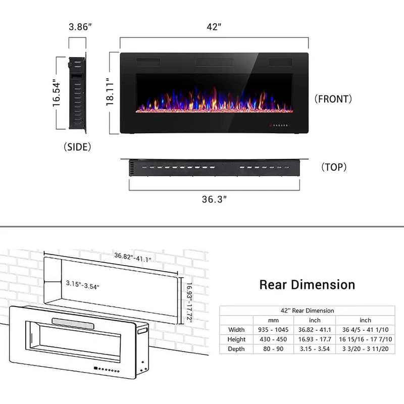 Recessed Electric Fireplace Heater, Wall Mounted 750-1500W Fireplace with Remote Control - Image 5