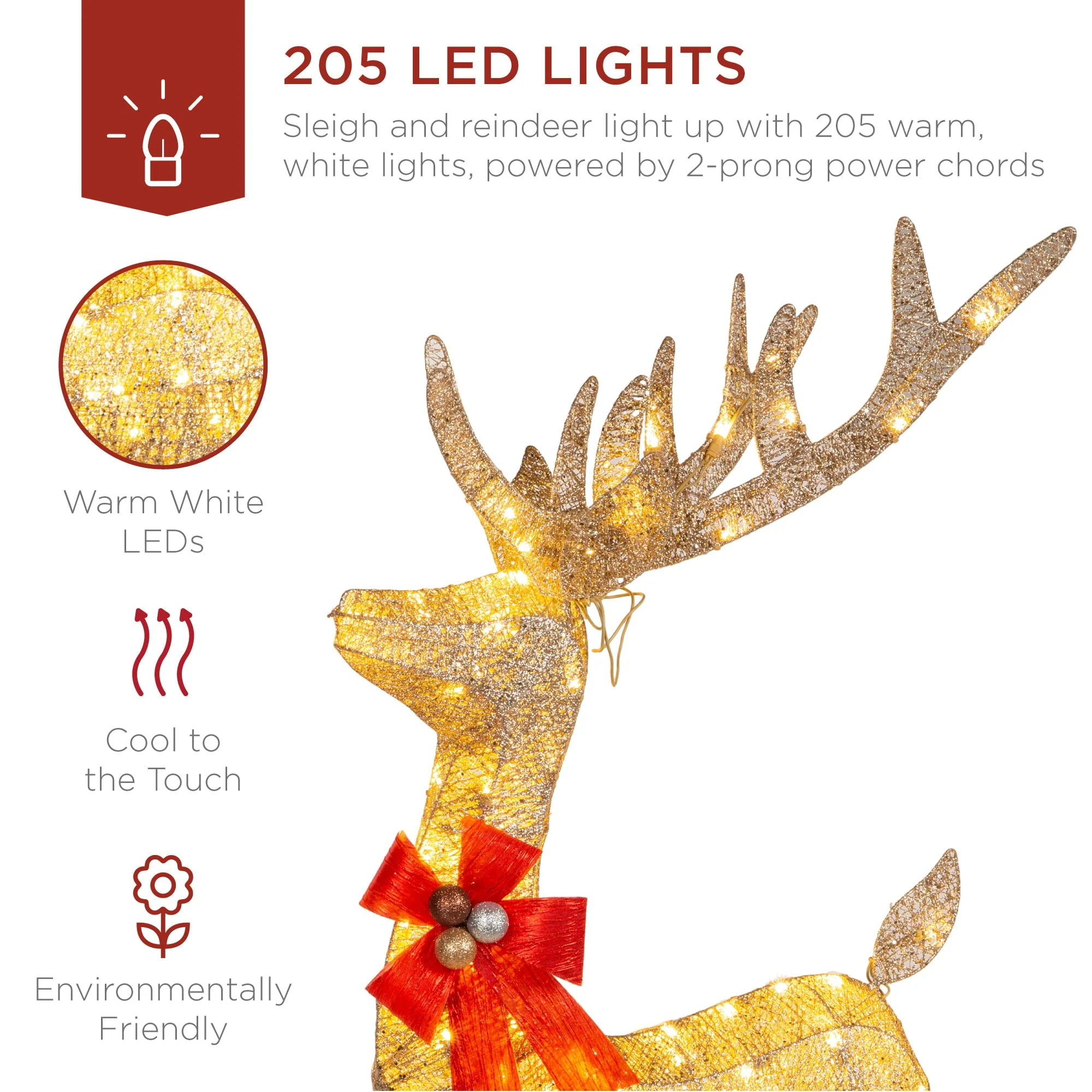 Best Choice Products Lighted Christmas 4ft Reindeer & Sleigh Outdoor Yard Decoration Set w/ 205 LED Lights, Stakes - Image 6