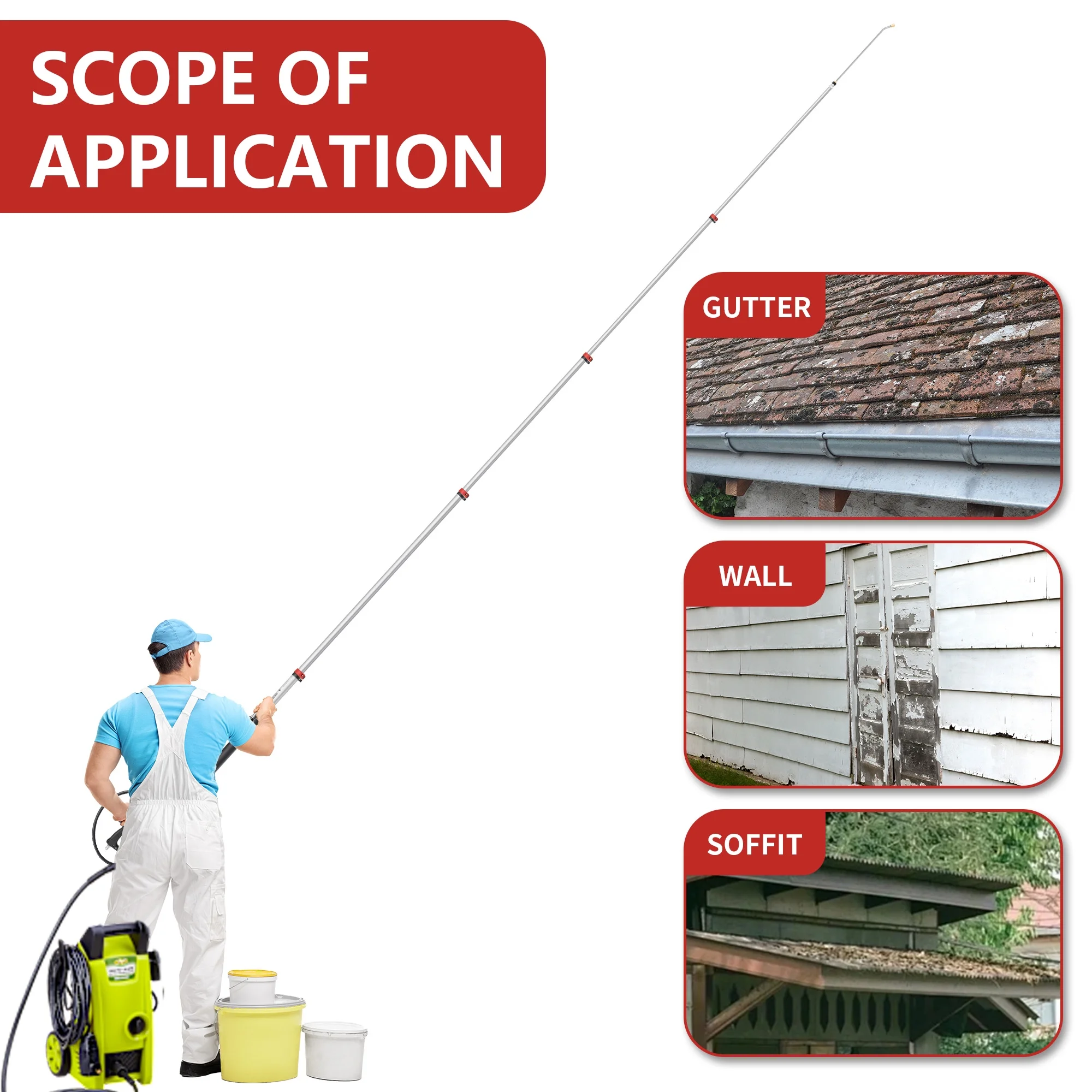 24 FT Gutter Cleaning Tools from The Ground - Telescoping Pressure Washer Wand - Gutter Cleaner Attachment with Power Washer Extension Wands, Brush, 7 Spray Nozzle Tips, 2 Hose Adapters, Support Belt - Image 6