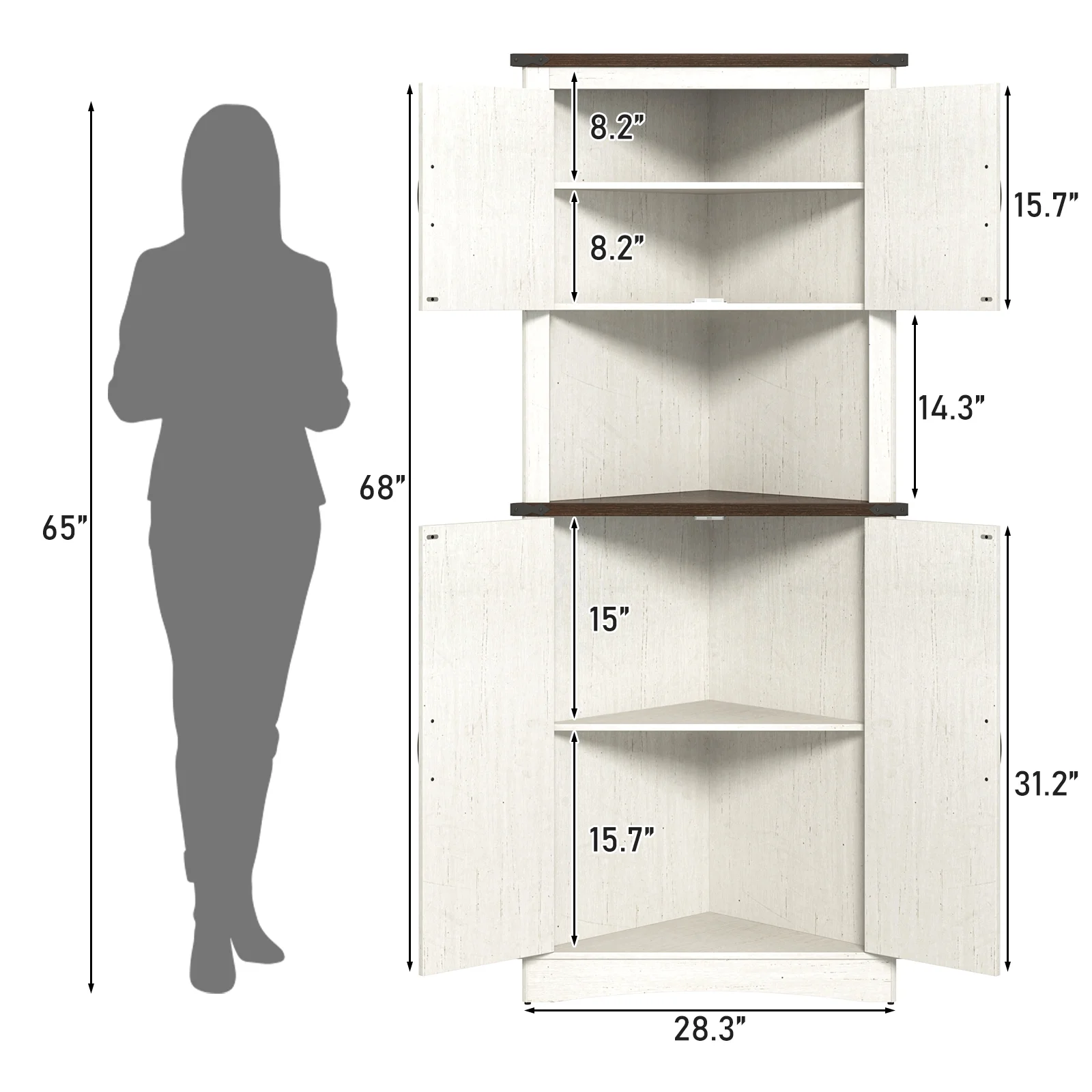 Blotout 68" Tall Farmhouse Corner Cabinet with 4 Doors, 28.3" W Barn Door Storage Cabinet with Adjustable Shelves, 5 Tier Corner Storage Cabinet for Bathroom,Living Room,Kitchen - Image 2