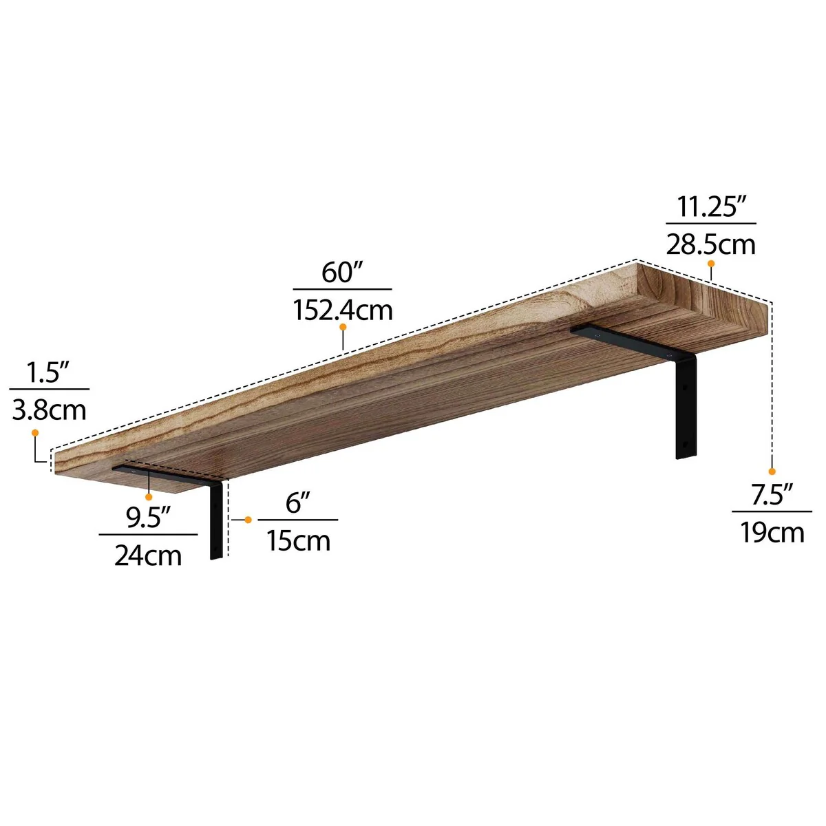 60 Inch Rustic Floating Wall Shelves, 2 Piece Burnt Wood Display and Storage Shelves - Image 7