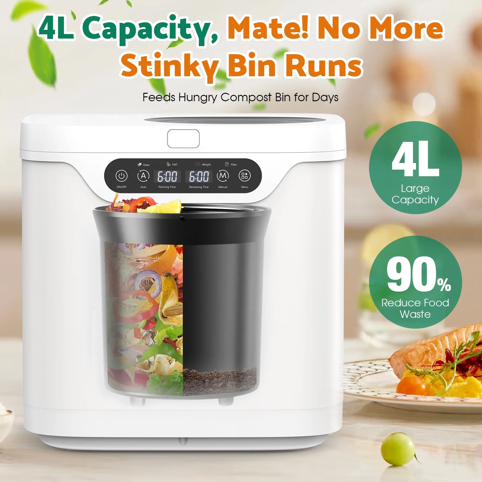 Advwin 4L Electric Composter for Kitchen, Indoor Compost Bin, 2 Detachable Carbon Filter, Auto-Cleaning - Image 4