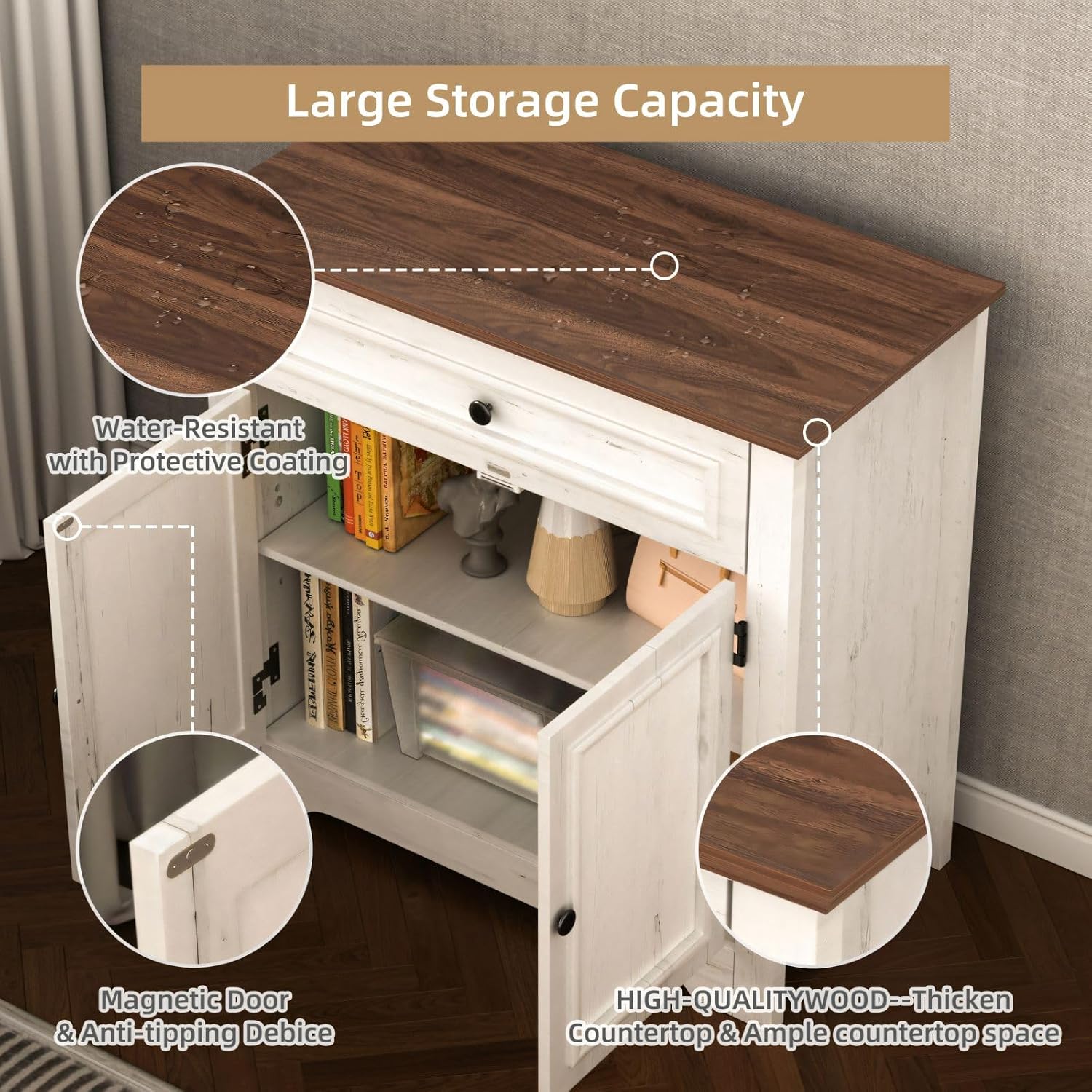 Buffet Cabinet with Storage and Drawer,Sideboard Coffee Bar with Adjustable Shelves and Doors, White Accent Cabinet Credenza Console Organizer Modern Coffee Bar for Kitchen Dining Room Living Room - Image 3