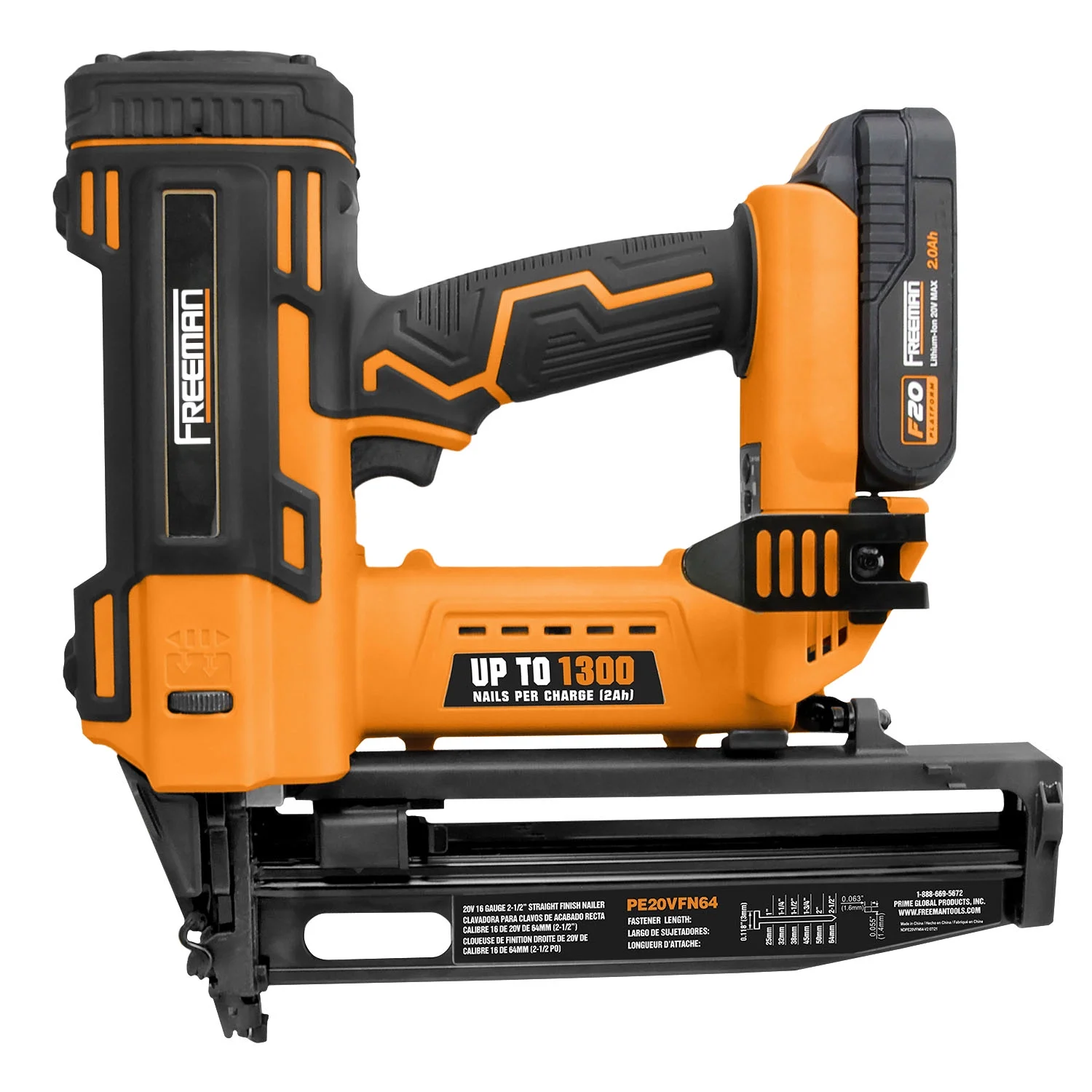 Freeman PE20VFN64 20 Volt Cordless 16-Gauge 2-1/2" Straight Finish Nailer Kit with Lithium Ion Battery, Charger, Bag, and Nails (200 Count) -C 1300 Shots per Charge - Image 3