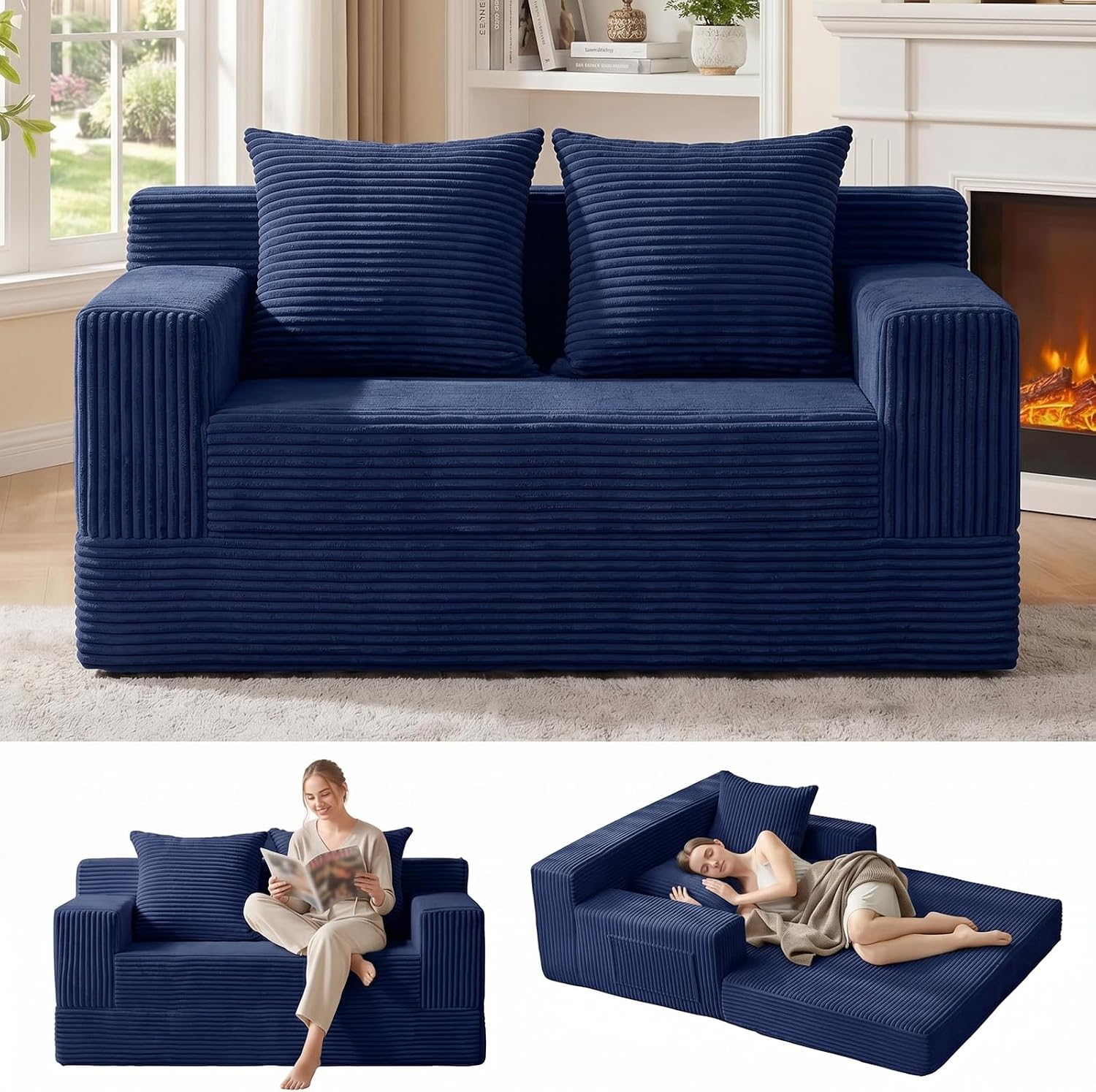 Convertible Sofa Bed, Loveseat Folding Floor Futon Sleeper Sofa Couch Bed- Boneless Foldable Couch, Corduroy Pull Out Sofa Bed with 2 Pillows for Living Room & Bedroom - Image 14