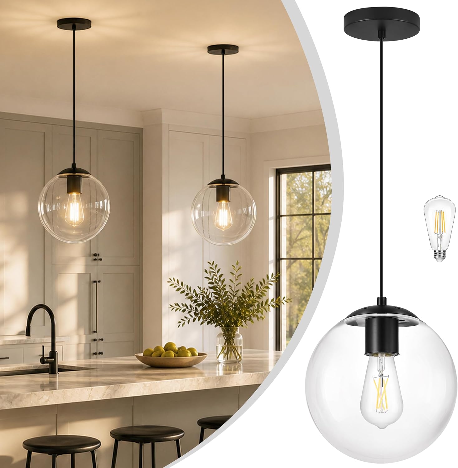 14" Gold Globe Pendant Light, Mid Century Pendant Light, Clear Glass Pendant Lights, Kitchen Island Adjustable Hanging Light Fixture for Dining Room, Bedroom, Kitchen Island - Image 11