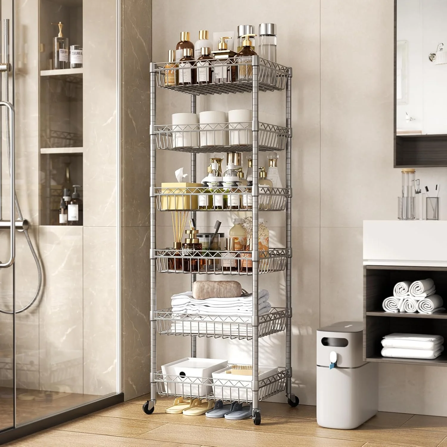 6 Tier Wire Shelving Unit with Wheels Baskets Storage Rack Corner Shelves Adjustable Shelf Closet Bathroom Organizers Metal Pantry Kitchen Garage Laundry Room 13.5" D x 13.5" W x 63" H Silver - Image 10
