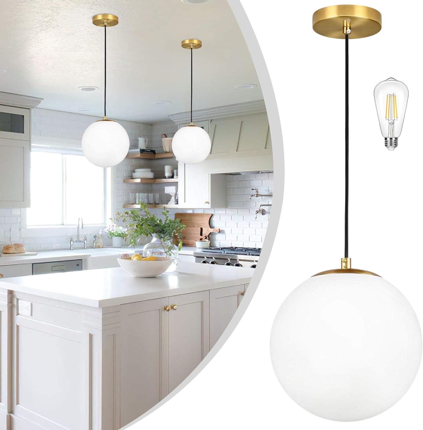 14" Gold Globe Pendant Light, Mid Century Pendant Light, Clear Glass Pendant Lights, Kitchen Island Adjustable Hanging Light Fixture for Dining Room, Bedroom, Kitchen Island - Image 3