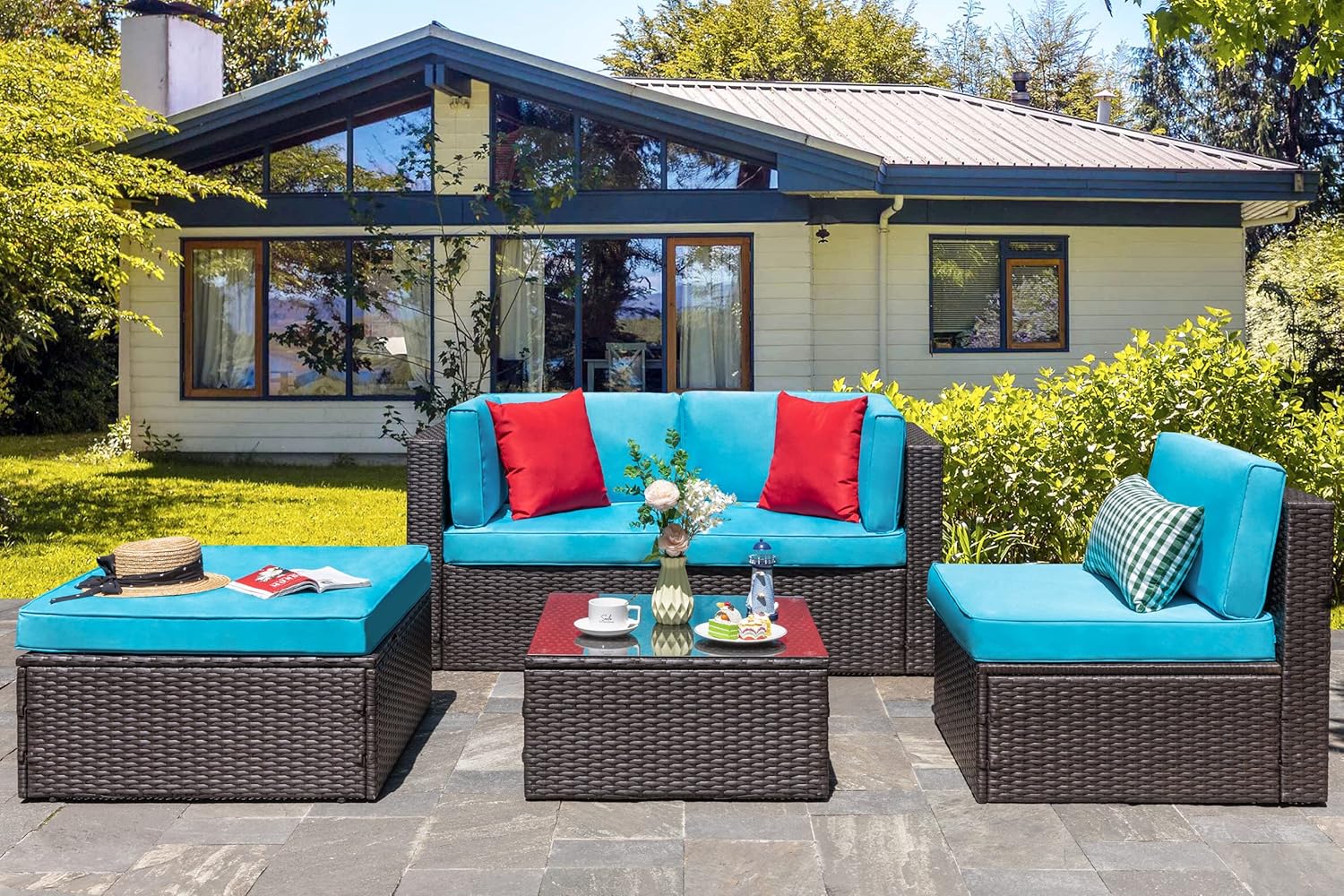 5-Piece All-Weather Patio Furniture Set with Ottoman, Outdoor Wicker Conversation Sofa Set with Cushions for Garden, Deck & Backyard - Image 17