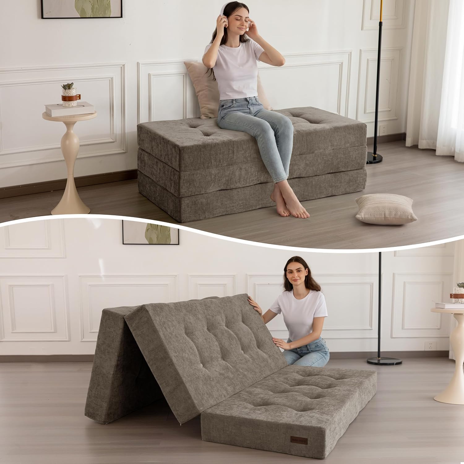 6" Folding Sofa Bed for Floor, Tufted Tri-Fold Floor Mattress - Image 2
