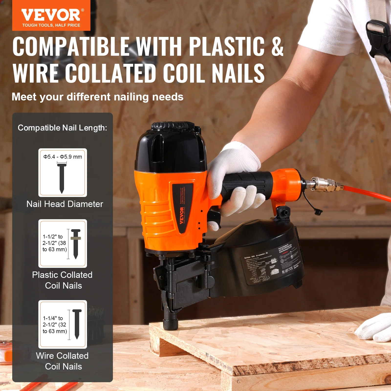 VEVOR Coil Siding Nailer CN65, 1-1/4" to 2-1/2" 15 Degree Pneumatic Siding Nail Gun with Tool-Less Depth Adjustment, 70-120PSI Air Coil Nailer for Siding, Pallet Sheathing, Wooding, Fencing - Image 2