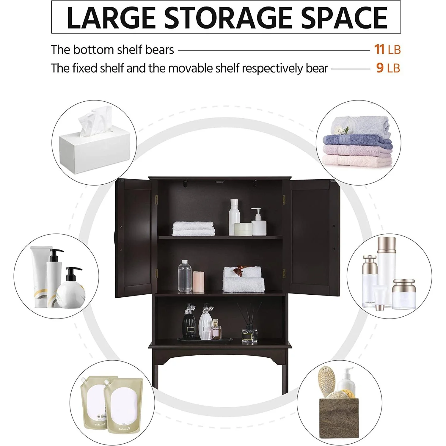 Bilot Over The Toilet Storage Cabinet Bathroom Organizer with Adjustable Shelf & Double Doors for Toilet, Home Space-Saving Furniture, L24.5xW9xH66 Inches, Espresso - Image 5