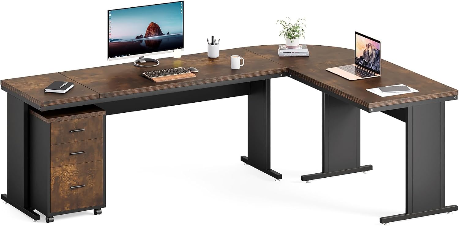 82.67" Long Executive Desk with Drawers, Large L-Shaped Office Desk with Mobile File Cabinet, Farmhouse Computer Office Furniture Work Desk with Storage for Home Office, Gray