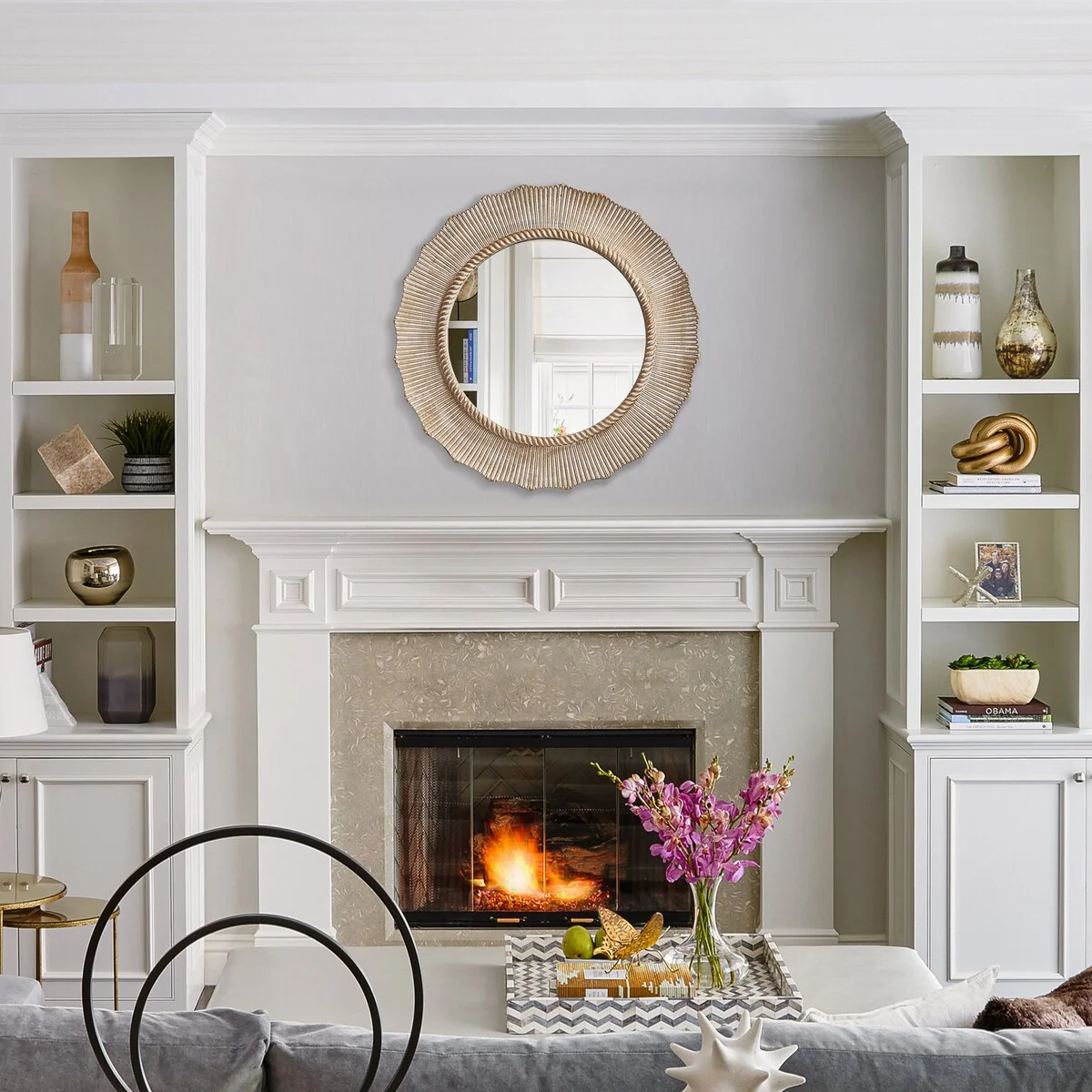 30 Inch Bohemian Beige Round Wood Bathroom Vanity Wall Mirror - Image 2