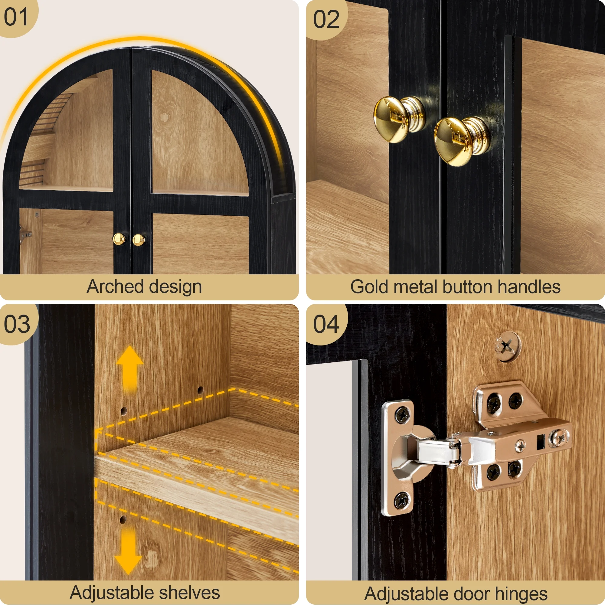 LEFHDA Arched Wall Cabinet with Glass Door, Black Open Storage Cabinet, Hanging Bathroom Shelf, Modern Wall Bathroom Cabinet with Adjustable Shelf Gold Metal Handles - Image 6