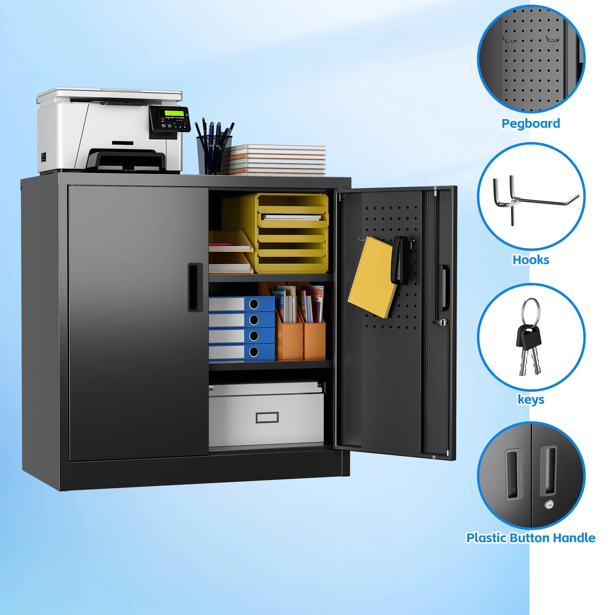 GAEANET 2 Door Metal Storage Cabinet with 5 Adjustable Shelves &Pegboard, 71" H-32" W-16" D Locking Steel Garage Cabinet, for Garage,Office,Home,Gym,School, File Cabinet,Assembly Required, Black - Image 65