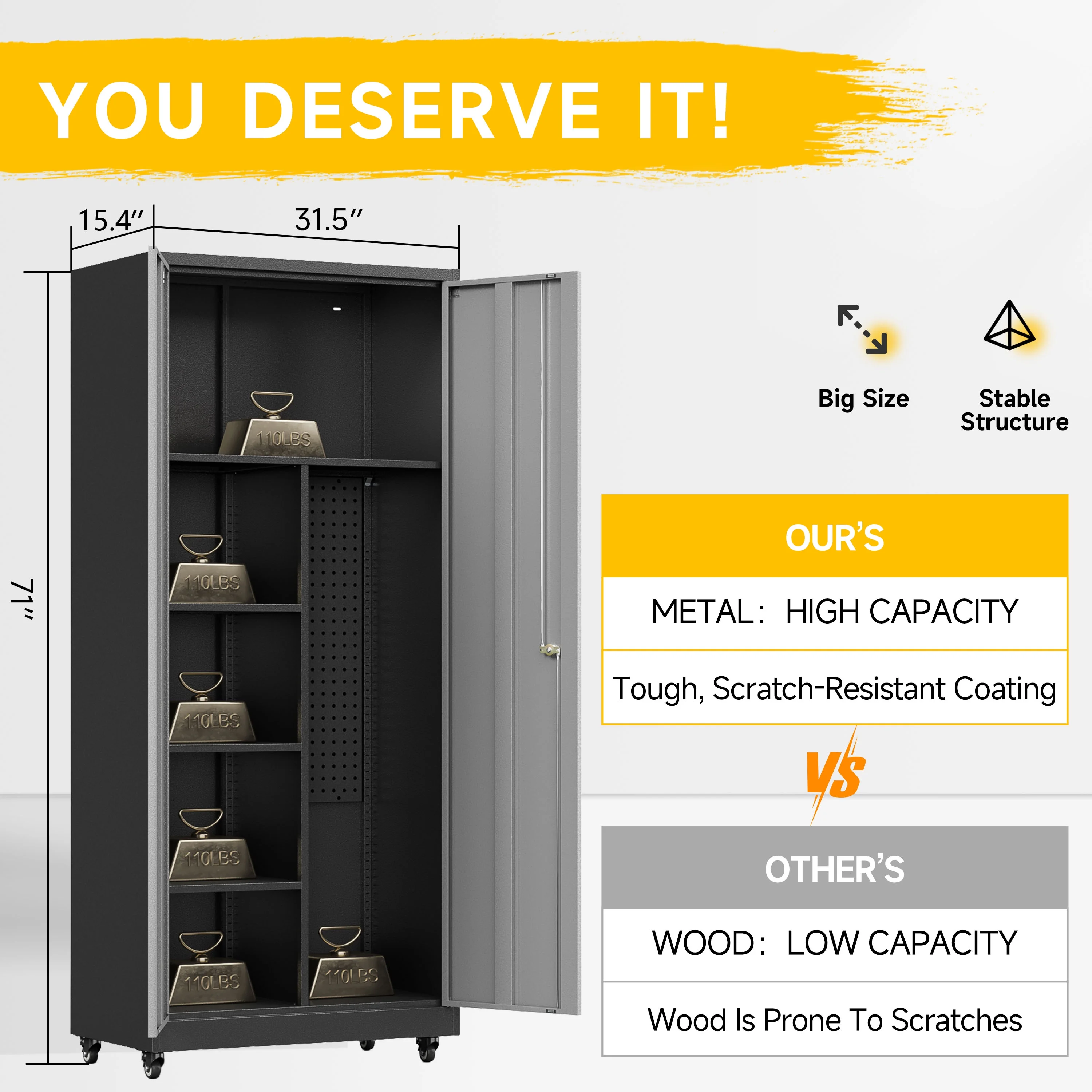 Topass Metal Storage Locker with Lockable Door, 71'' Clothing Coat , Garage Tool Cabinet with Wheels -Locker for Office, Home, School, Employee, Gym - Image 7