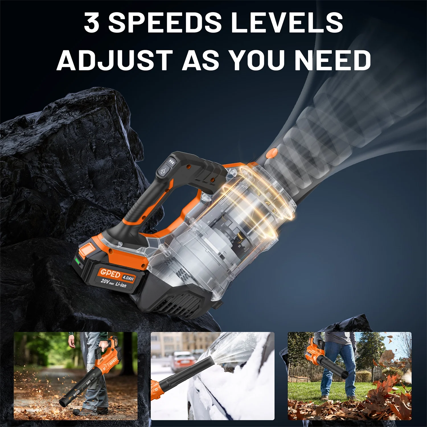 GPED Leaf Blower, 3 Speed Adjustment Electric Cordless Leaf Blower with 2 x 4.0Ah Batteries, Charger, Shoulder Strap, 580CFM/160MPH, Ideal for Patio Cleaning, Lawn Care, Blowing Leaves, Green - Image 10