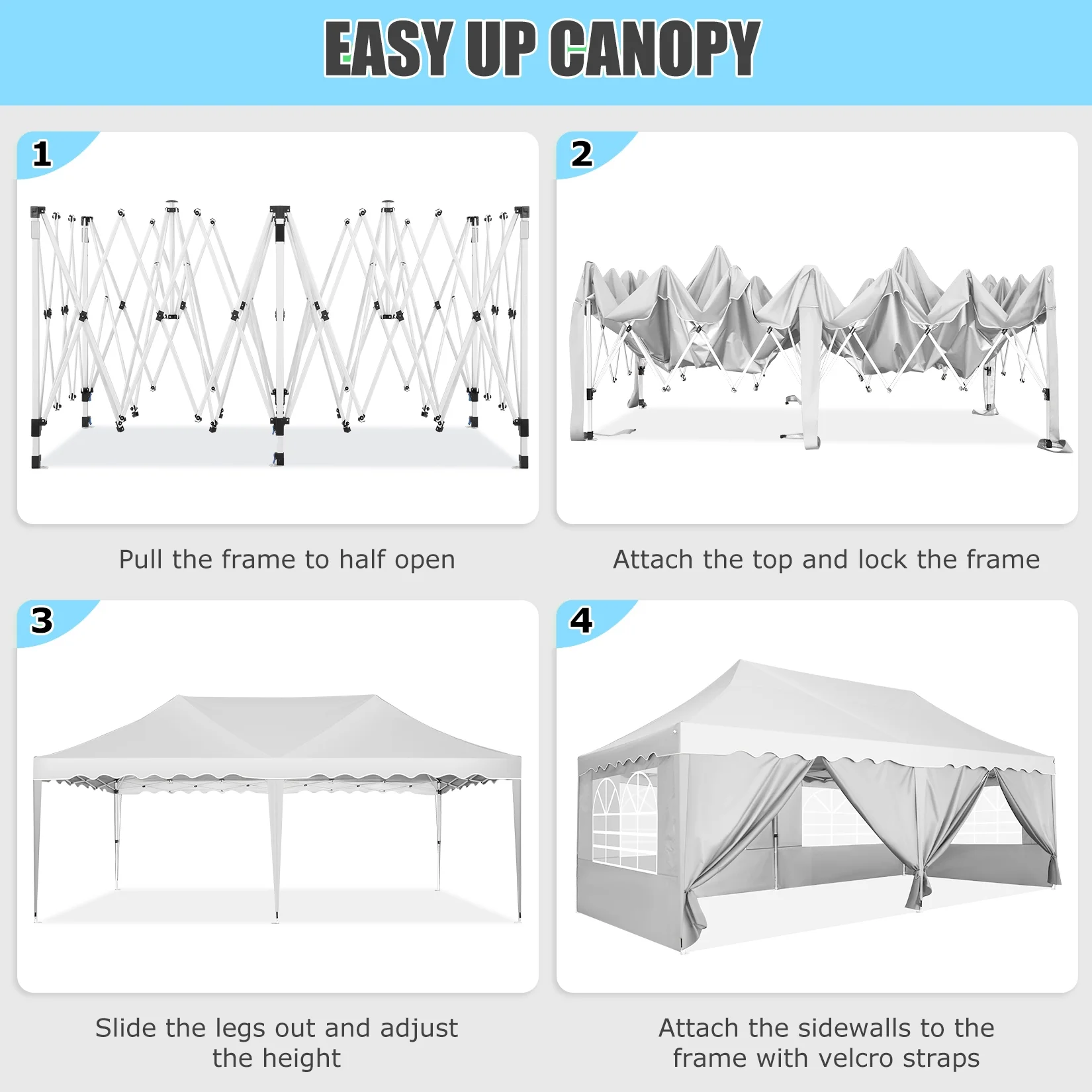 HOTEEL Canopy 10'x20' Pop Up Canopy Tent Heavy Duty Waterproof Adjustable Commercial Instant Canopy Outdoor Party Canopy Parties,Wedding,Outside Patio,Event,Backyard,White - Image 2