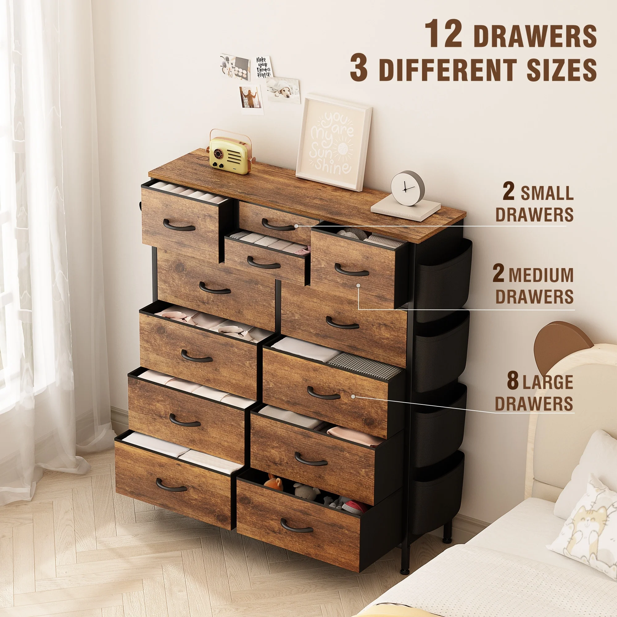 12 Drawer Fabric Dresser, Tall Bedroom Chest of Drawers with Storage - Image 24