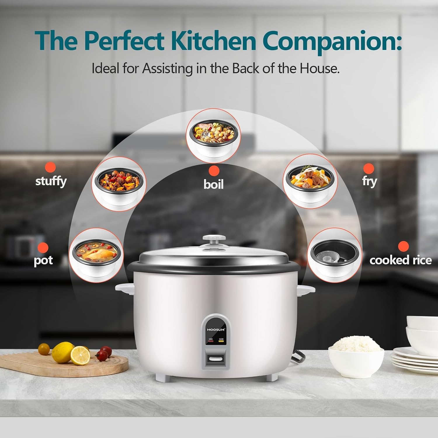 Commercial Rice Cooker, Large Capacity 30-Cup (UnCooked), 60-Cup (Cooked) with One Touch Operation and 12-Hour Keep Warm, Easy to Use and clean, 1600W, White - Image 4