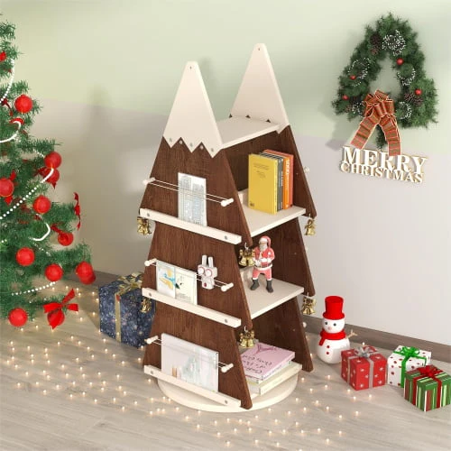 Christmas Rotating Bookshelf Wooden Storage Rack for Kids Room 360° Display Organizer for Study Room - Image 2