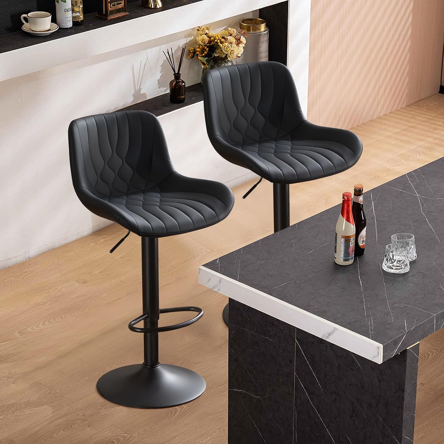 Modern Adjustable Bar Stools Set of 2,Swivel Backs with Faux Leather Counter Height for Kitchen Island Breakfast Bar Chairs Padded Seats for Bar(Black) - Image 3