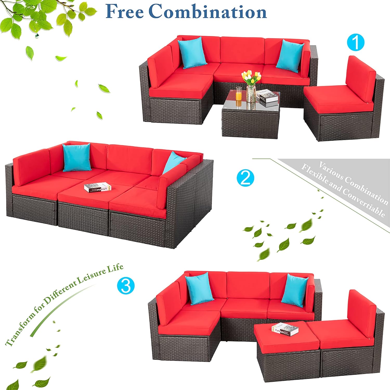 5-Piece All-Weather Patio Furniture Set with Ottoman, Outdoor Wicker Conversation Sofa Set with Cushions for Garden, Deck & Backyard - Image 45