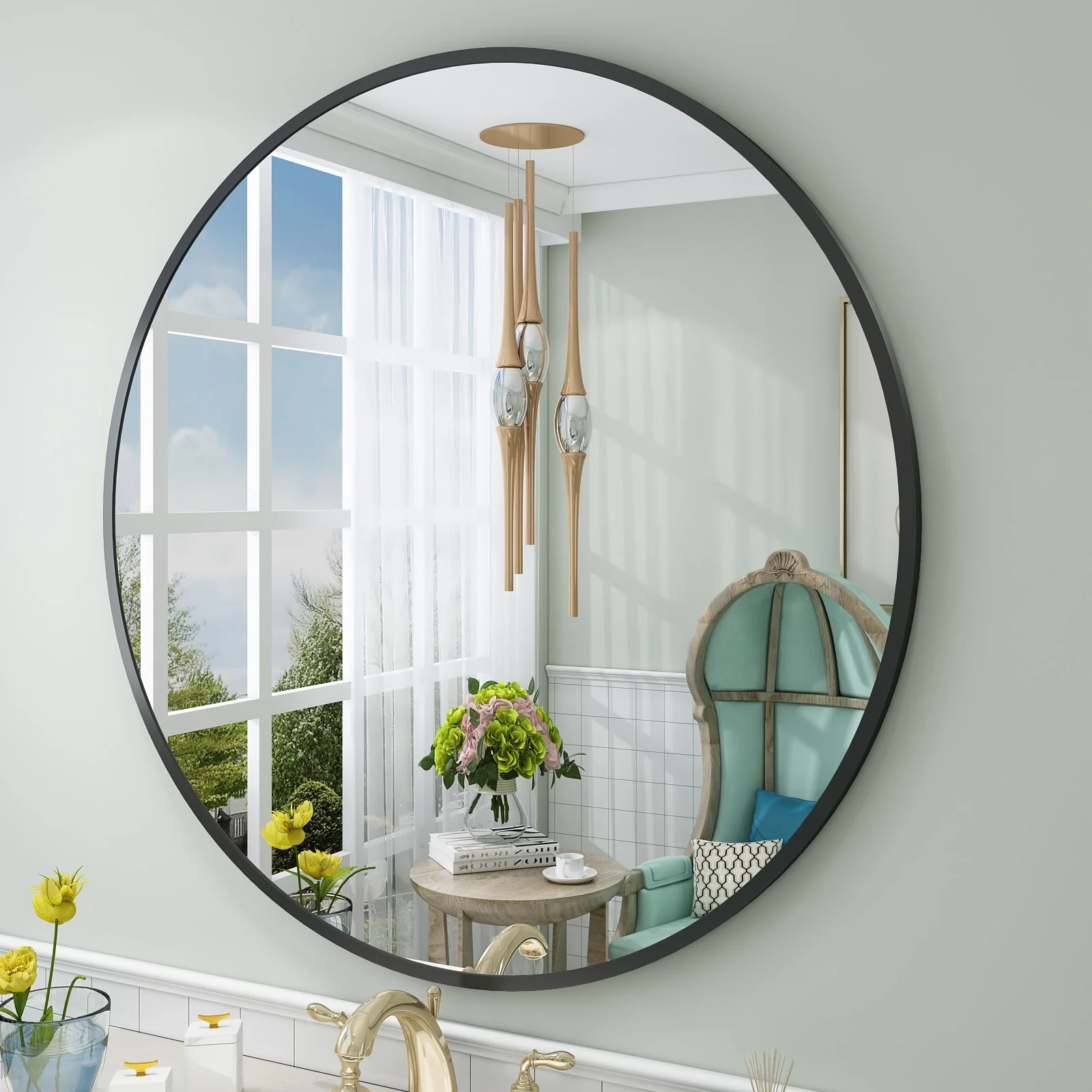 Round Metal Black Frame Bathroom Vanity Mirror, Wall Mounted Decorative Mirror - Image 37