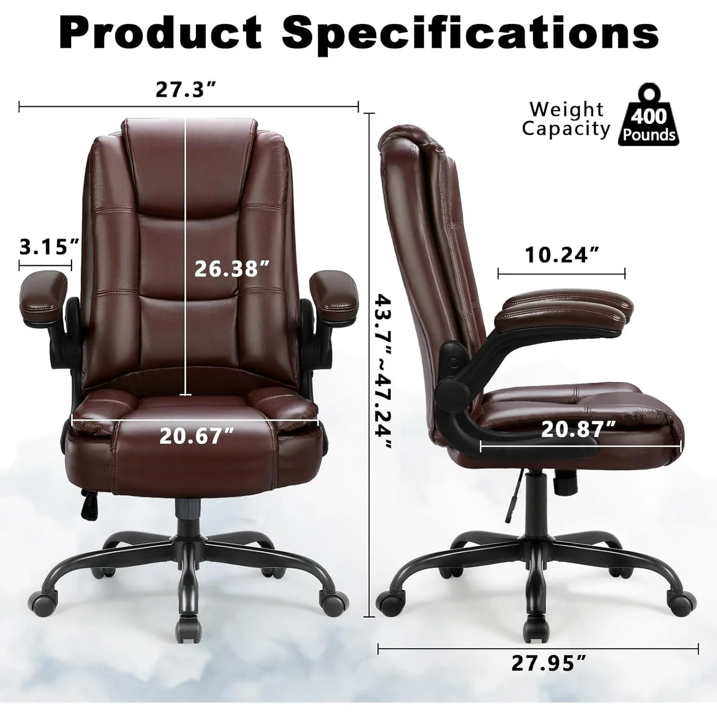 Big and Tall Ergonomic Office Chair, High Back Leather Executive Computer Chair with Padded Flip-Up Arms - Image 4