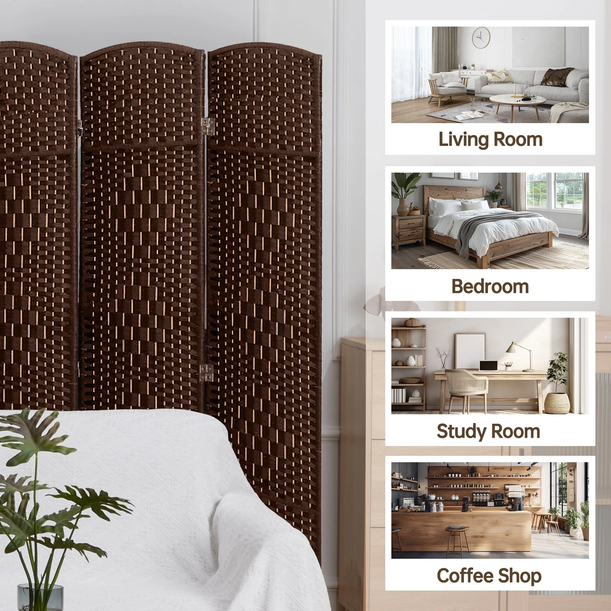 6 FT Tall Woven Fiber Room Divider, Freestanding Folding Privacy Screen - Image 21