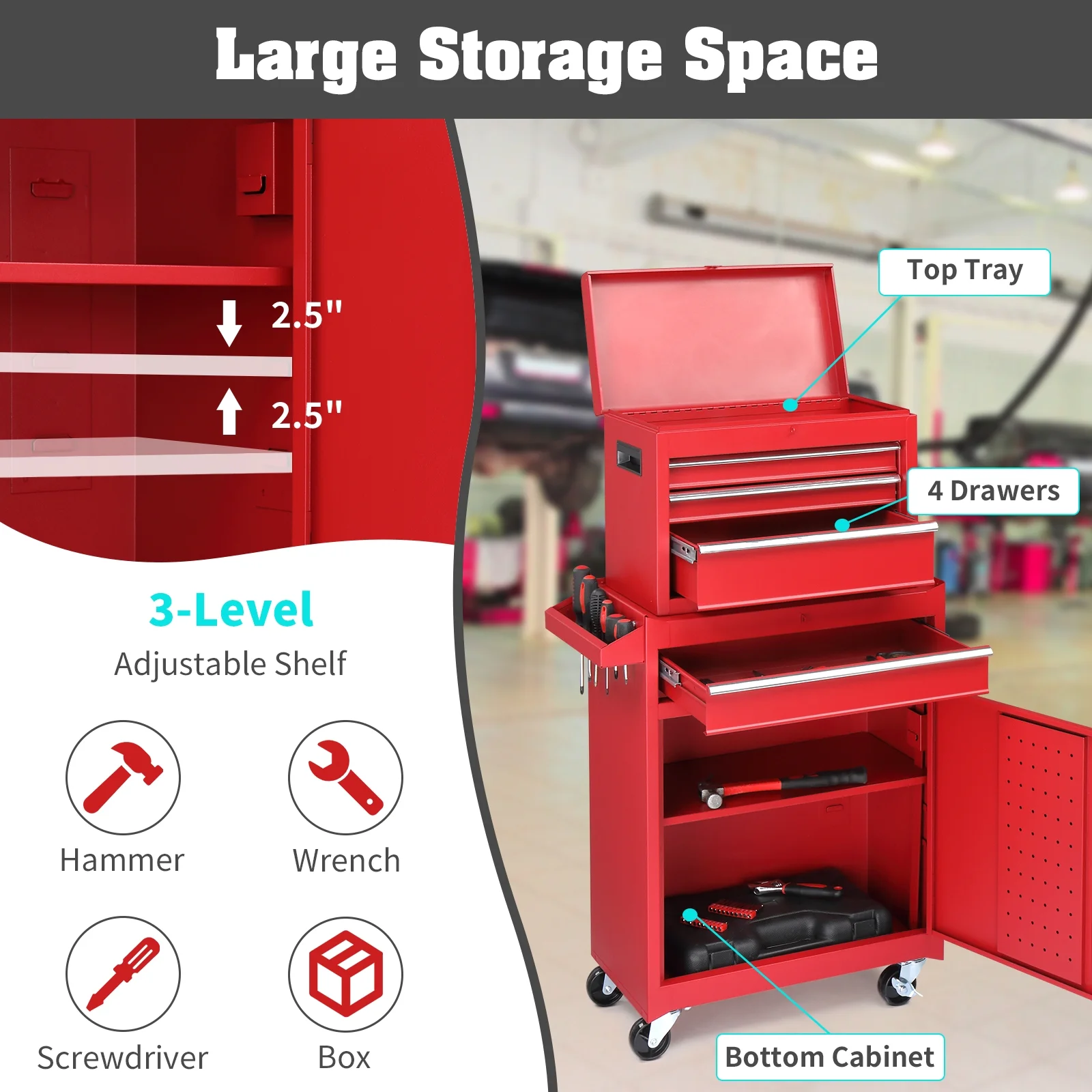 Zimtown Rolling Tool Chest, 4-Drawer Tool Box Organizer, Tool Storage Cabinet - Image 7