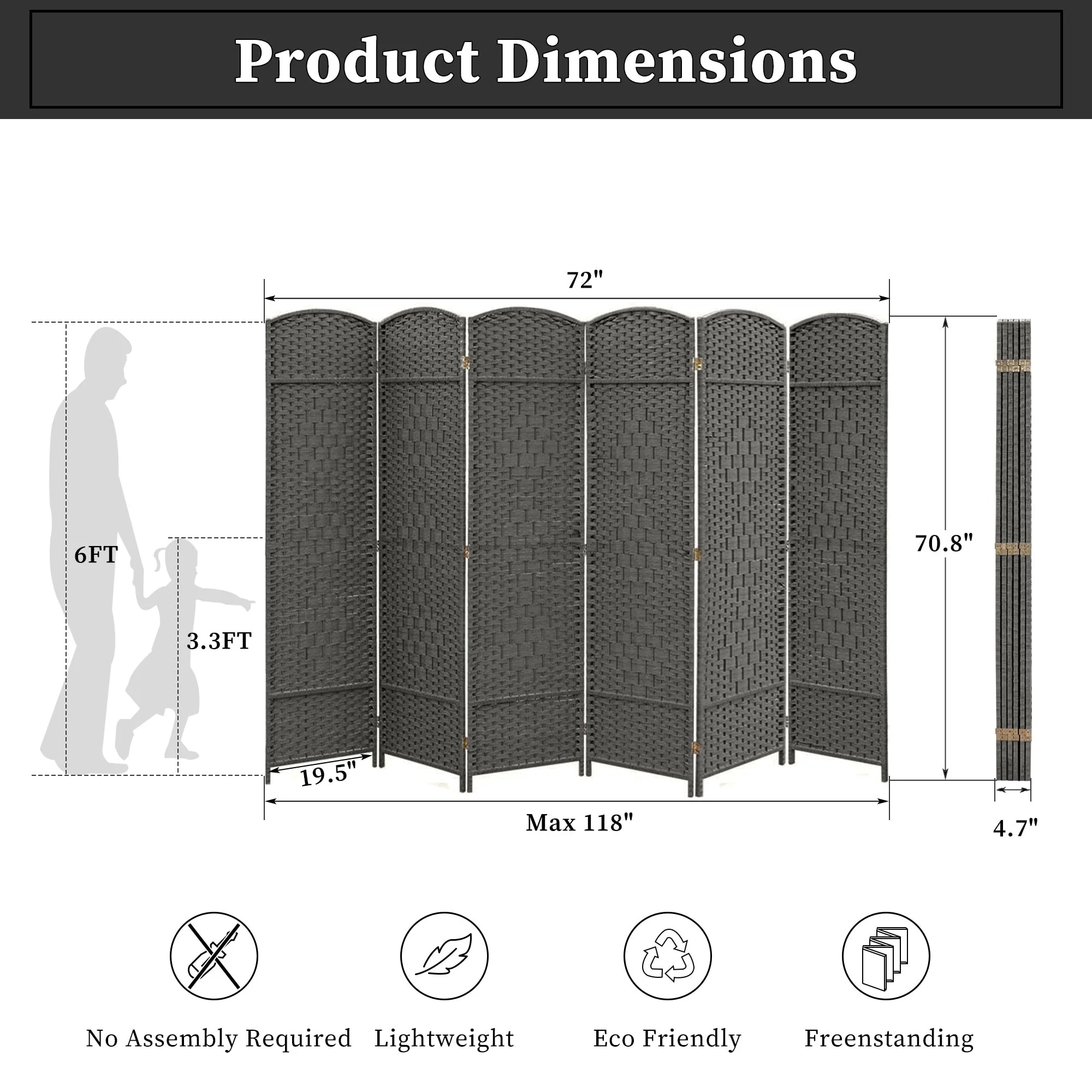 6 FT Tall Woven Fiber Room Divider, Freestanding Folding Privacy Screen - Image 22