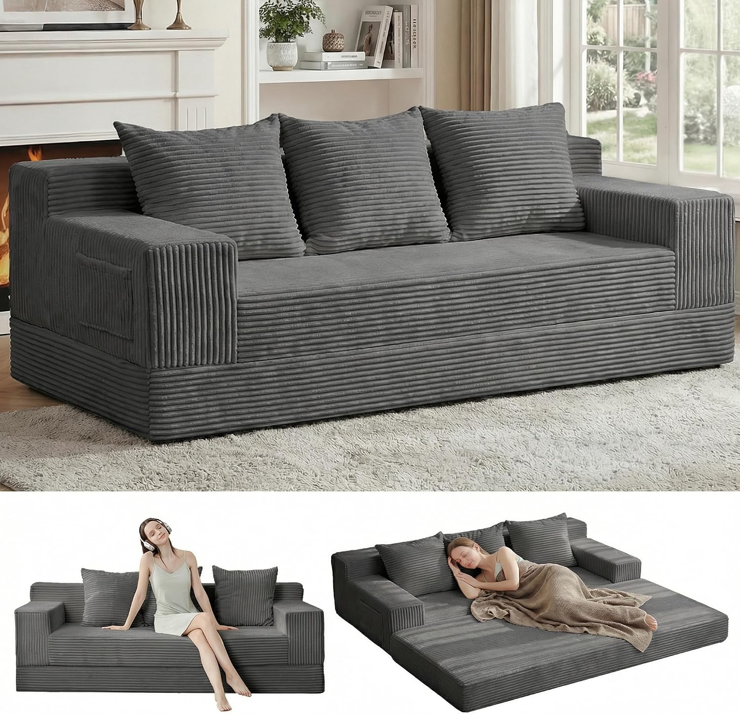 Convertible Sofa Bed, Loveseat Folding Floor Futon Sleeper Sofa Couch Bed- Boneless Foldable Couch, Corduroy Pull Out Sofa Bed with 2 Pillows for Living Room & Bedroom - Image 8