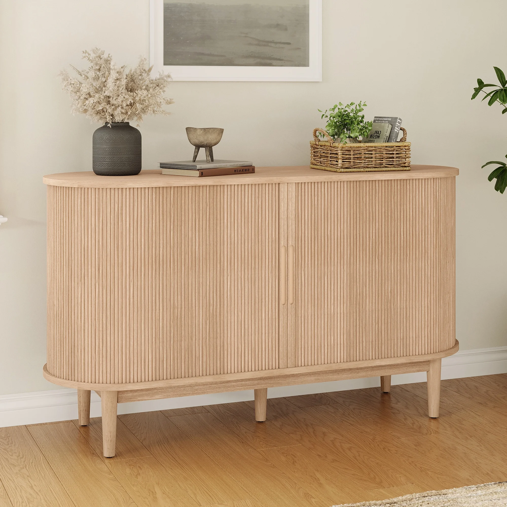 LINSY HOME Fluted Pantry Storage Cabinet, Kitchen Cabinets with Sliding Tambour Door, Wide Storage Cabinet with Removable & Adjustable Shelves for Dining Room, Living Room, Bathroom, Oak - Image 10