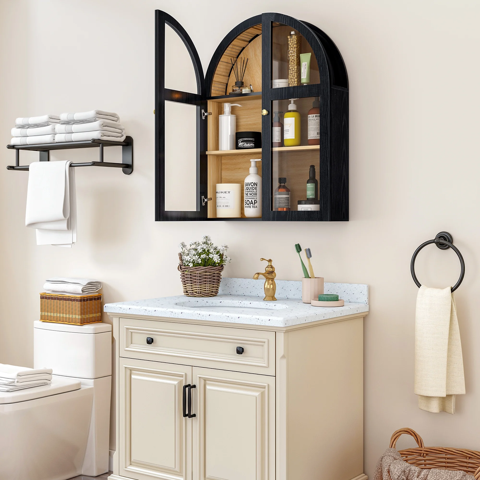 LEFHDA Arched Wall Cabinet with Glass Door, Black Open Storage Cabinet, Hanging Bathroom Shelf, Modern Wall Bathroom Cabinet with Adjustable Shelf Gold Metal Handles - Image 8