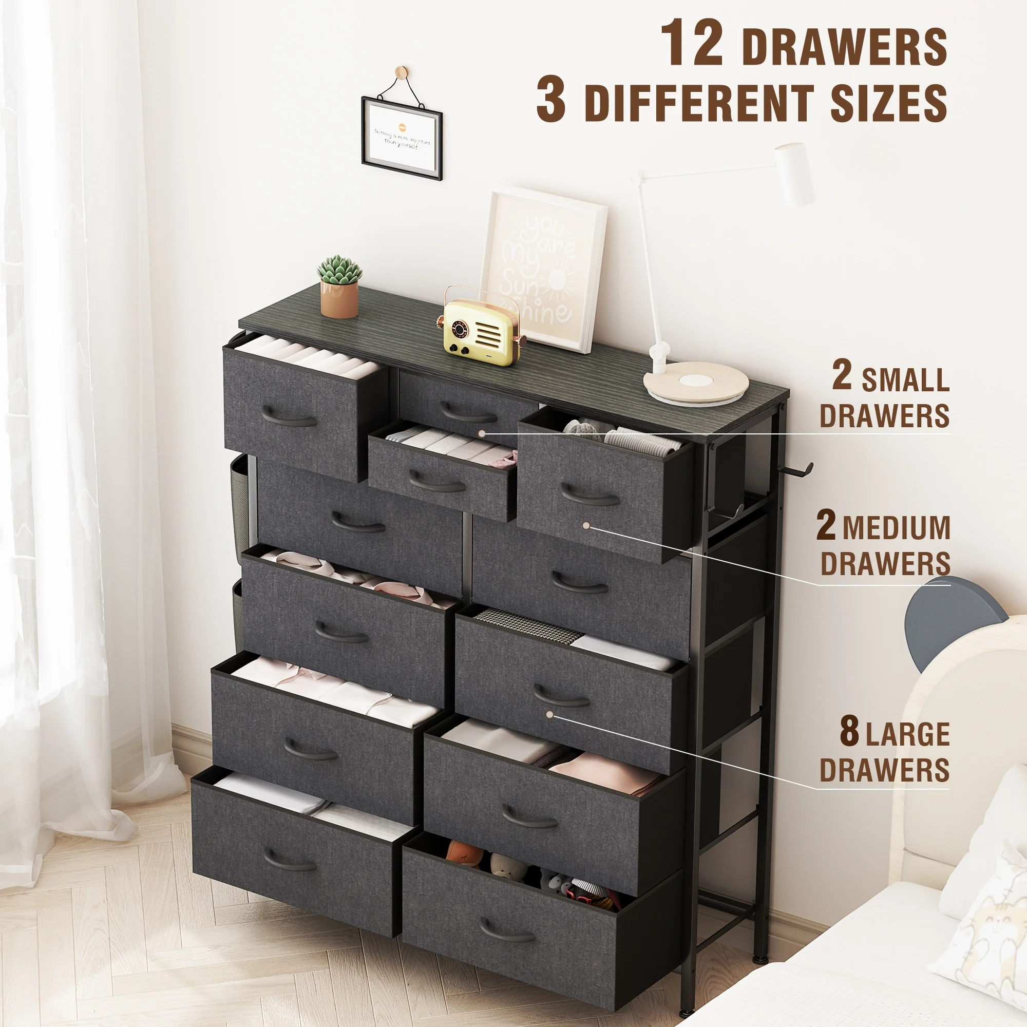 12 Drawer Fabric Dresser, Tall Bedroom Chest of Drawers with Storage - Image 16