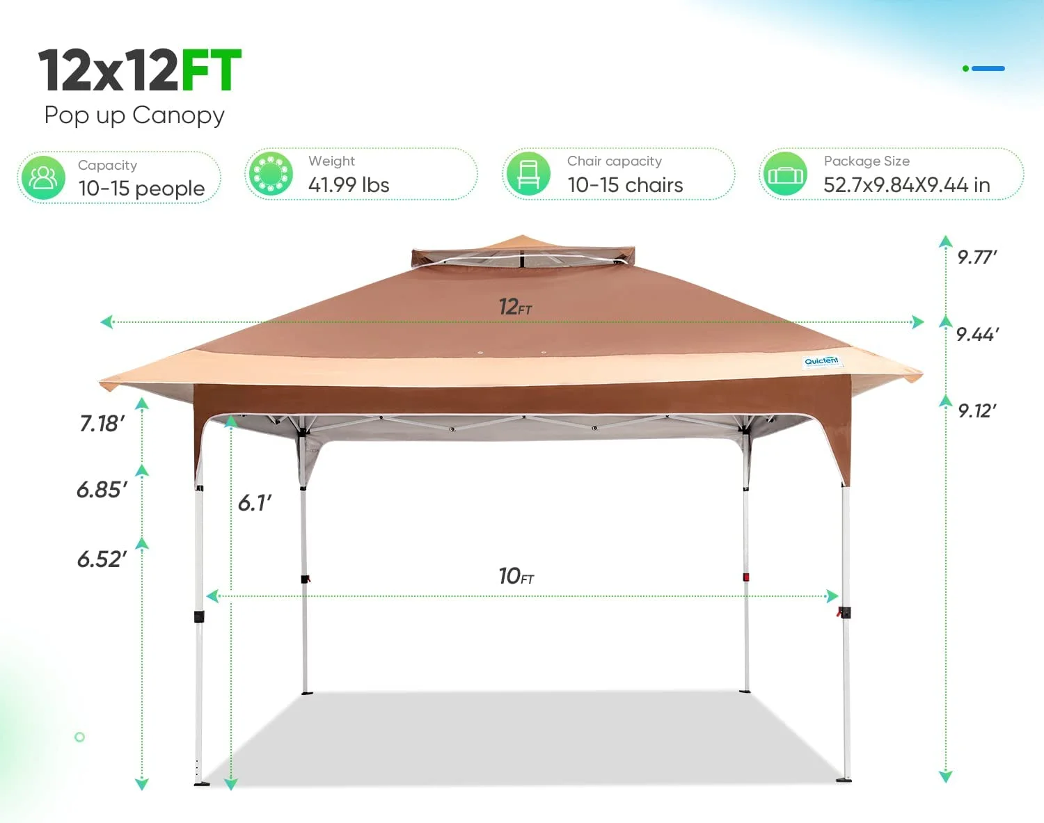 Quictent Pop up Canopy 12 x 12, One Person Set up Portable Instant Folding Shelter, Outdoor Canopy Tent with Extra Shade for Backyard, Patio, Party - Tan/Brown - Image 4