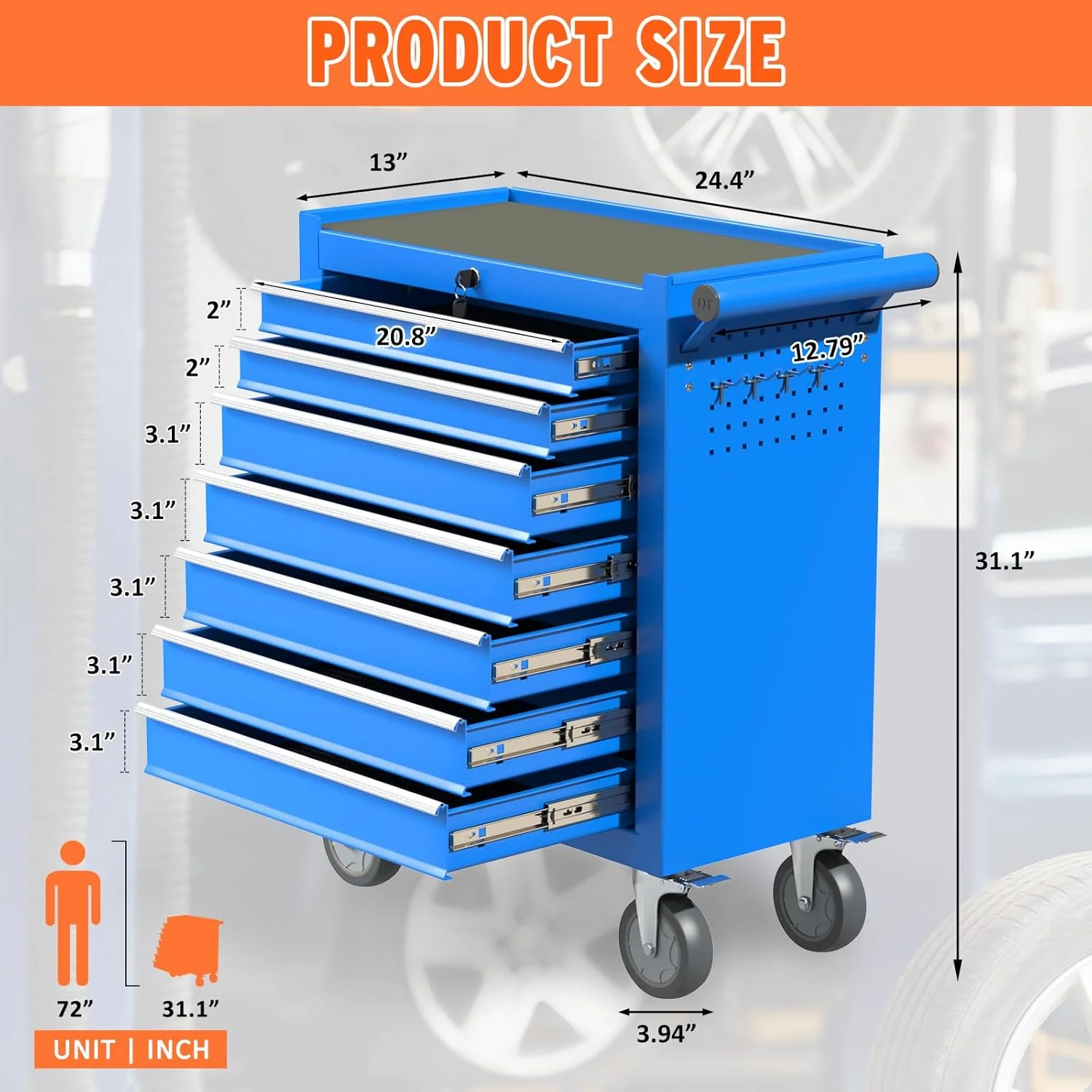 7 Drawers Large Capacity Rolling Tool Chest, Metal Tool Box with Wheels and Drawers, Tool Storage Cabinet with Keyed Locking, Tool Organizer Box for Garage, Workshop, Warehouse (Blue) - Image 7