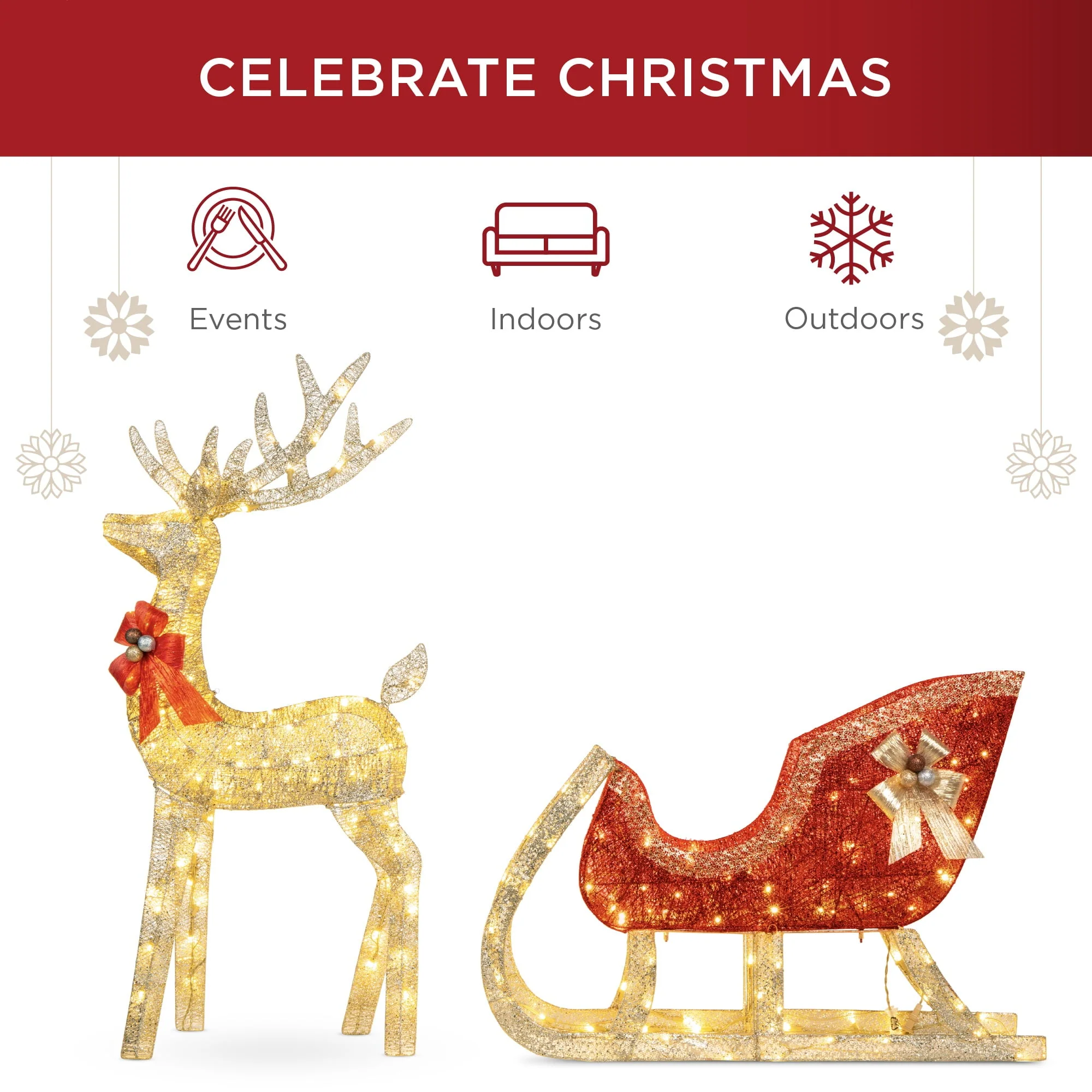 Best Choice Products Lighted Christmas 4ft Reindeer & Sleigh Outdoor Yard Decoration Set w/ 205 LED Lights, Stakes - Image 5